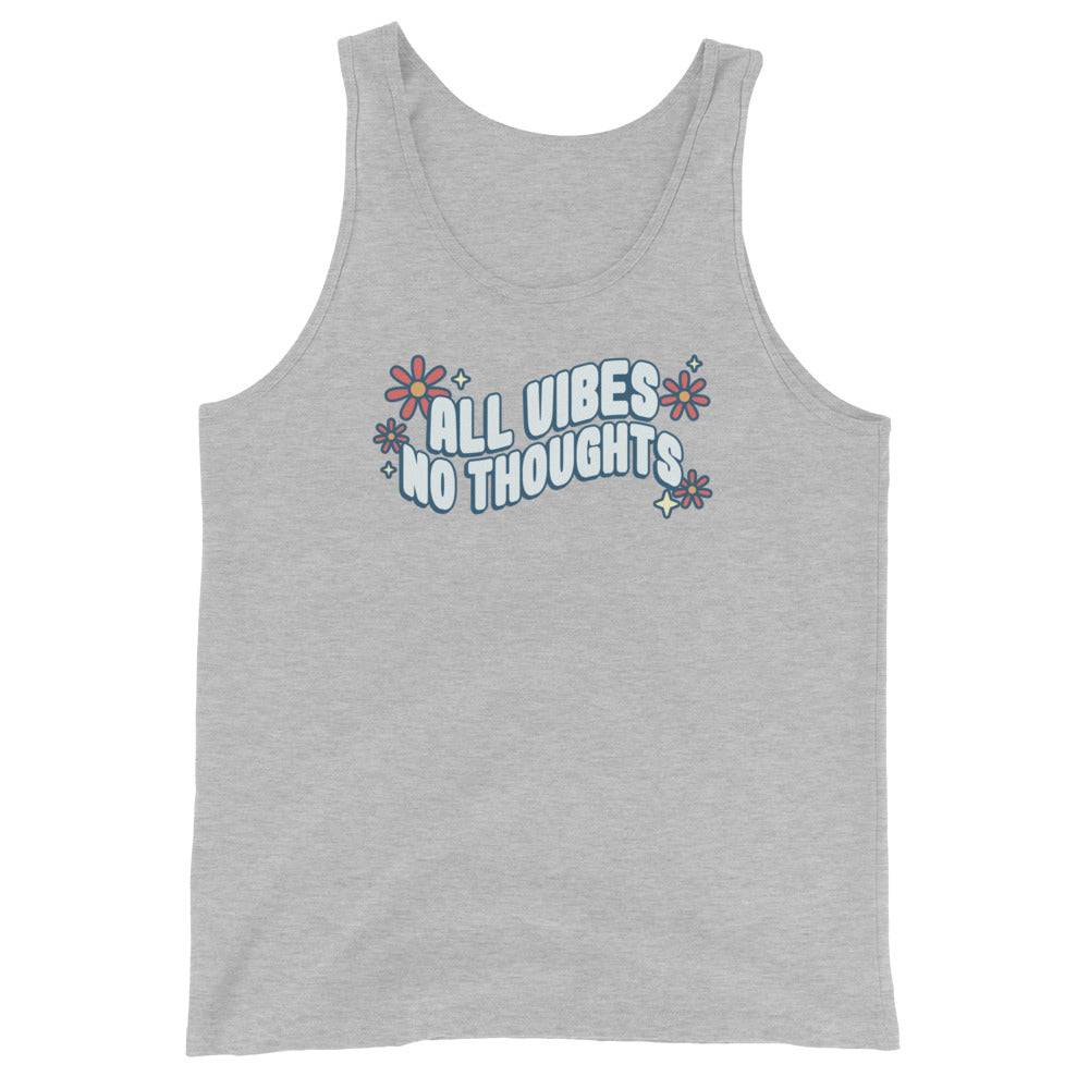 A grey tank top featuring text that reads "all vibes no thoughts". The text is surrounded by pink flowers and sparkles.