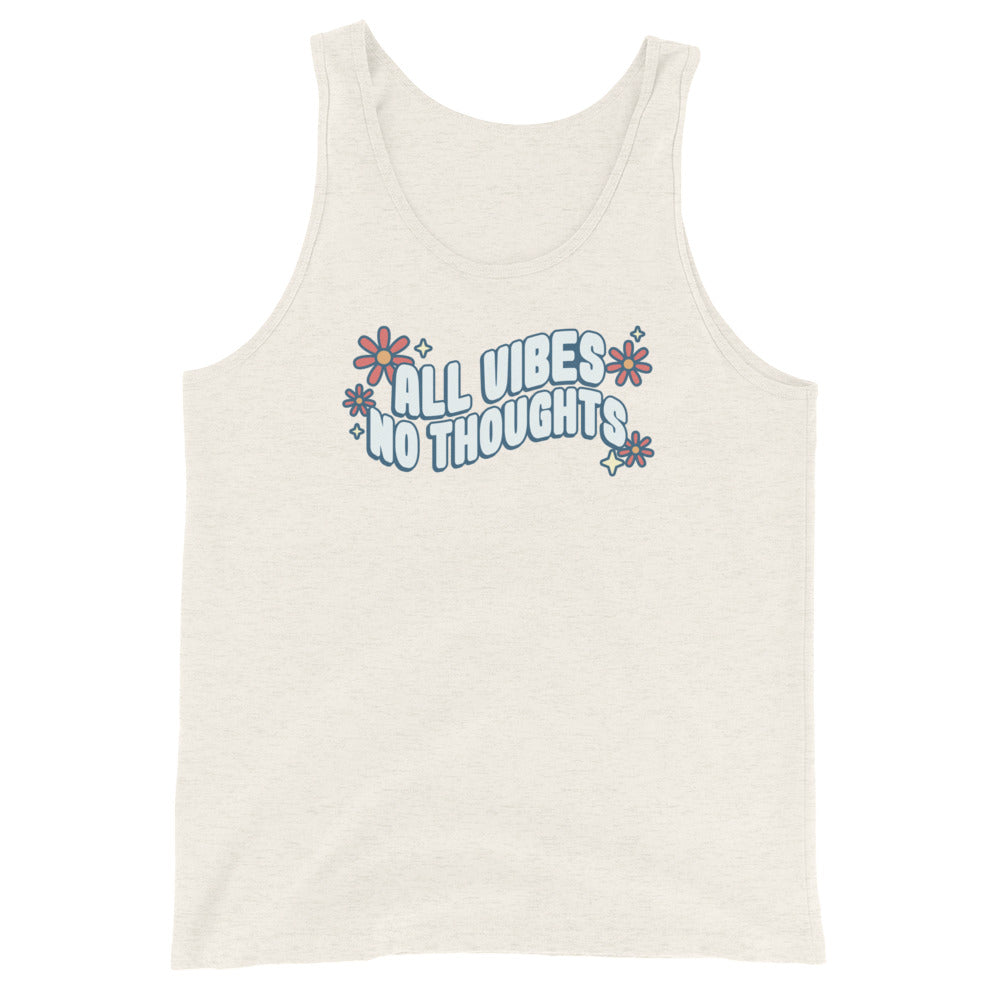 A cream colored tank top featuring text that reads "al vibes no thoughts". The text is surrounded by pink flowers and sparkles.