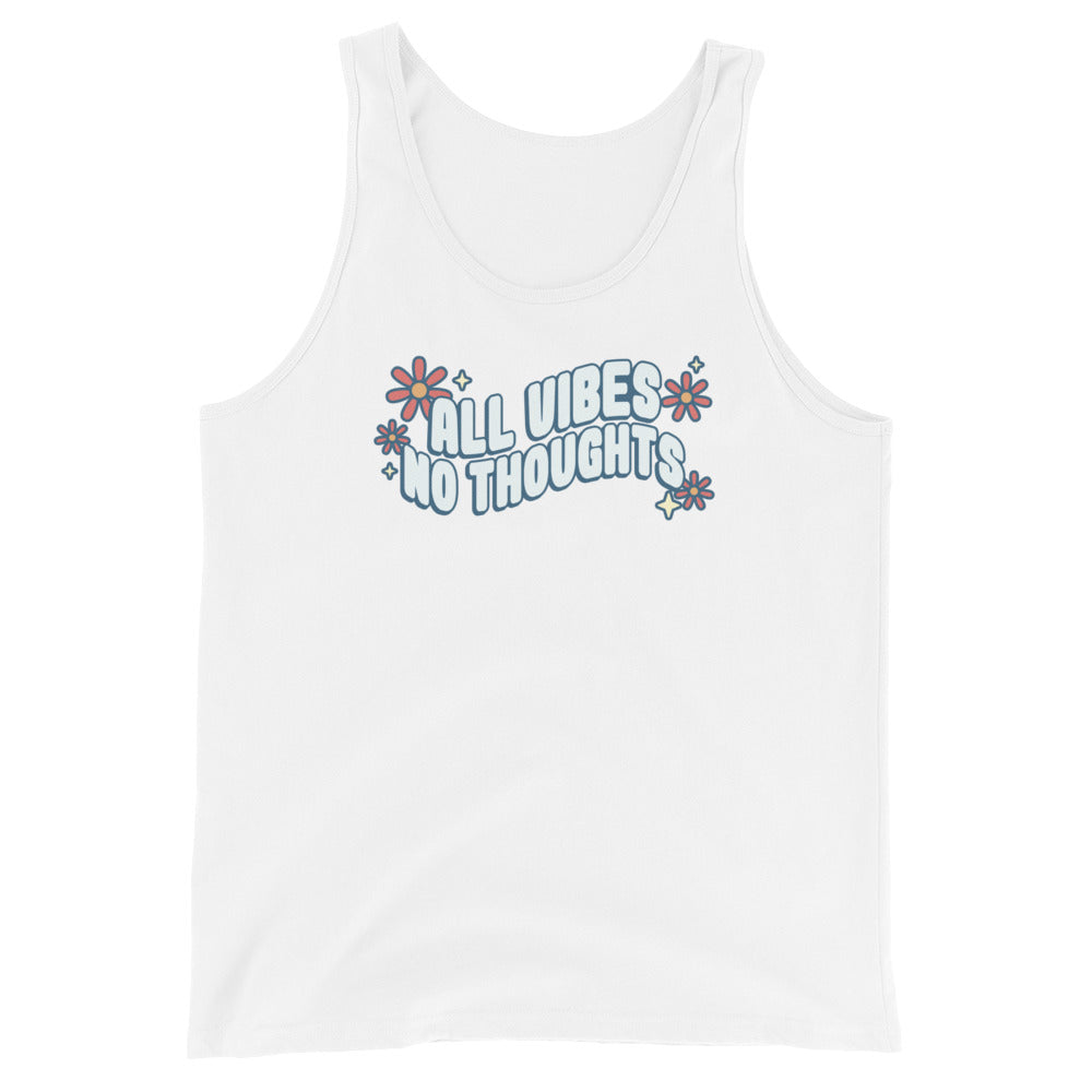 A white tank top featuring text that reads "all vibes no thoughts". The text is surrounded by pink flowers and sparkles.