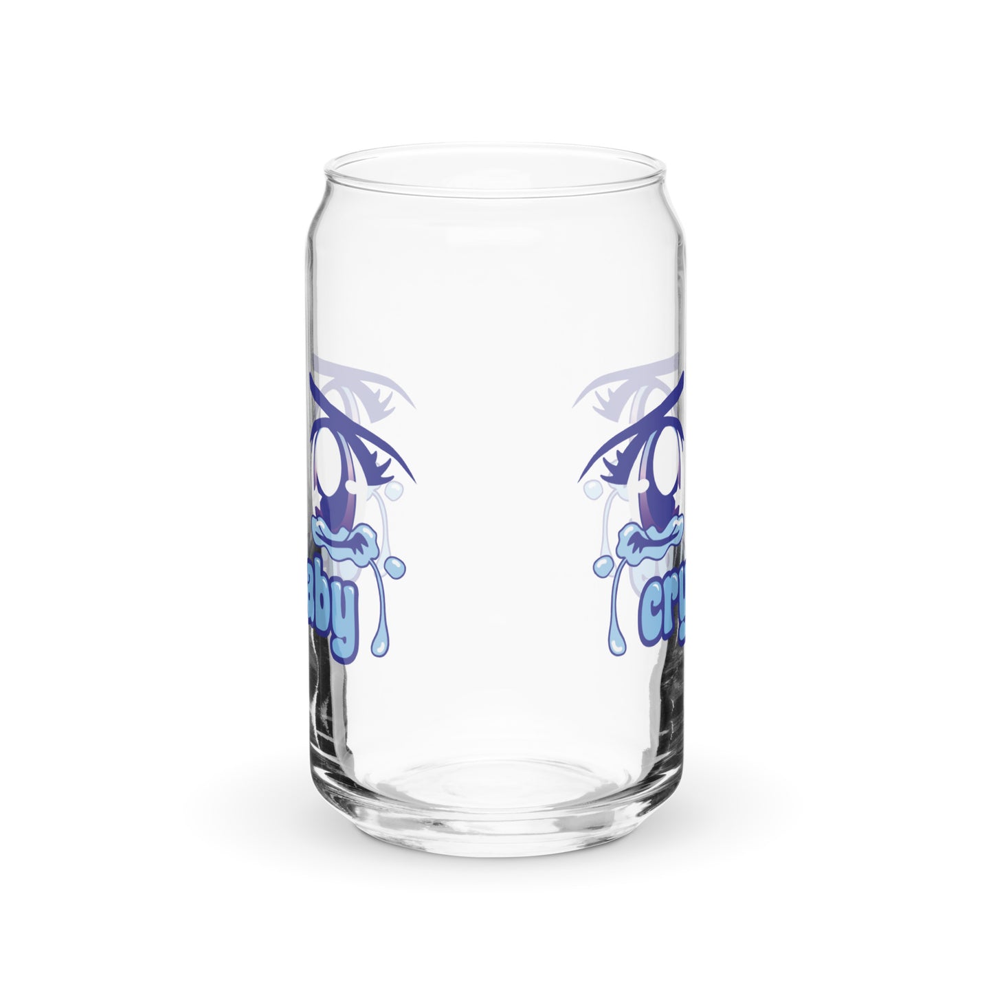 A 16 ounce can-shaped glass turned to one side to show that its graphic is printed on both the front and back.