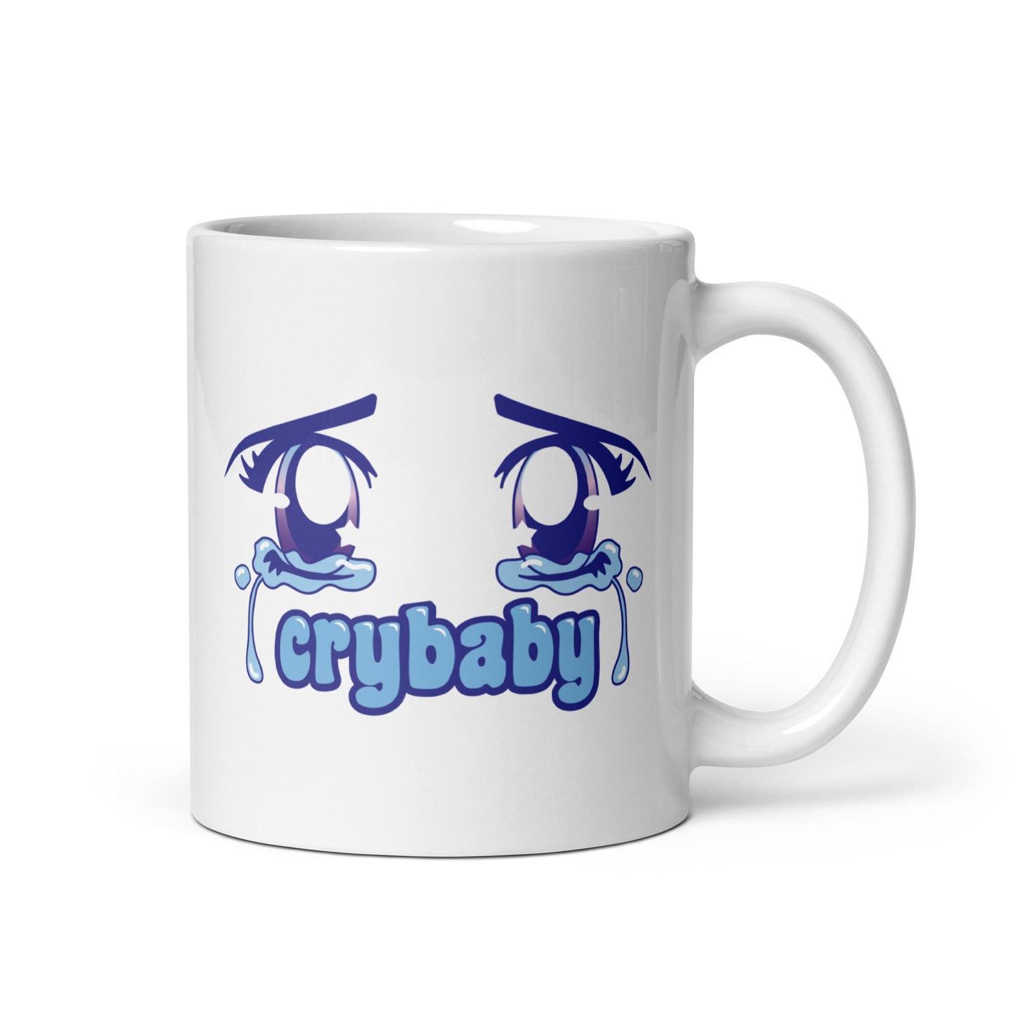 A white 11 ounce coffee mug featuring large, sparkling purple anime eyes with tears streaming down. Text underneath the eyes in a rounded blue font reads "crybaby"