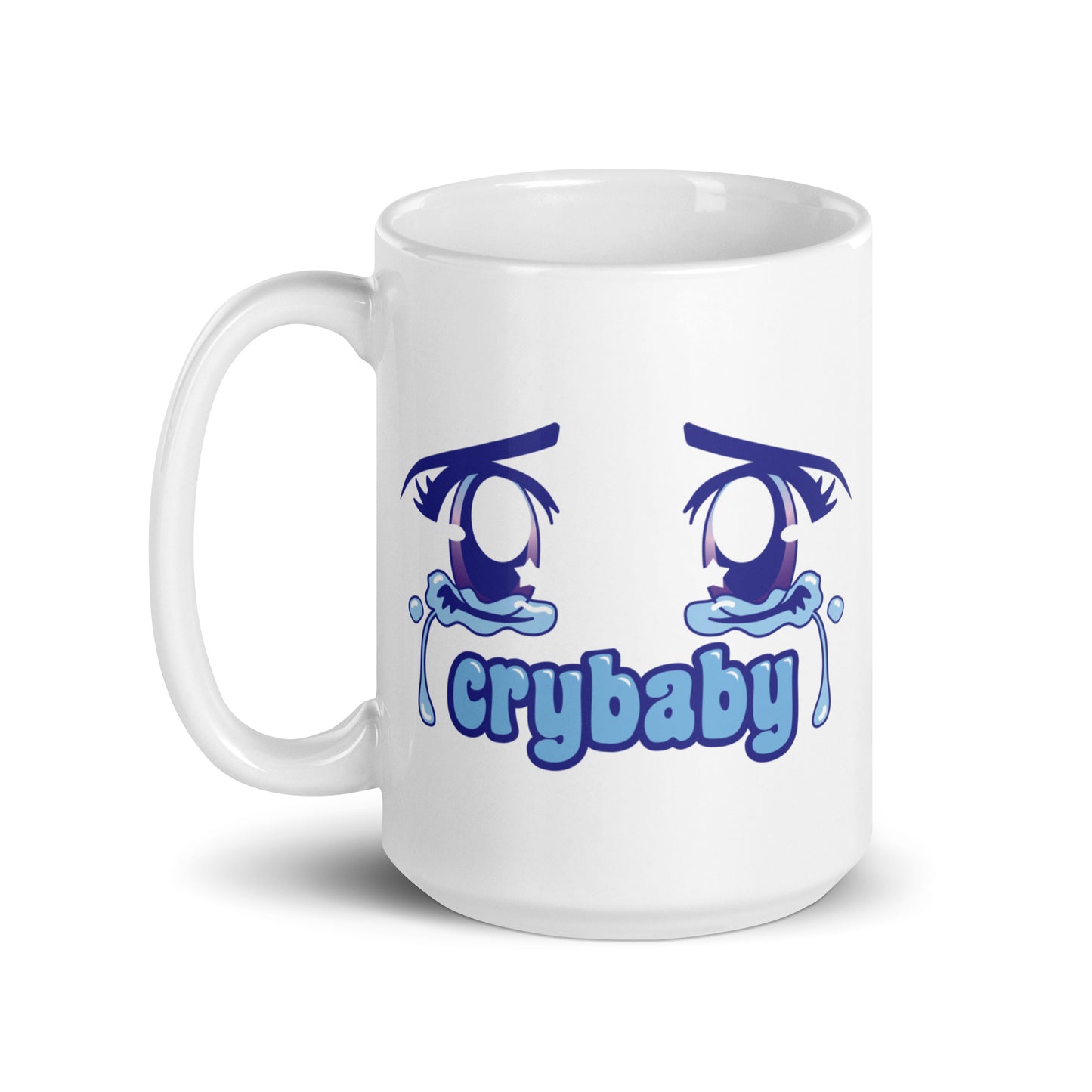 A white 15 ounce coffee mug featuring large, sparkling purple anime eyes with tears streaming down. Text underneath the eyes in a rounded blue font reads "crybaby"