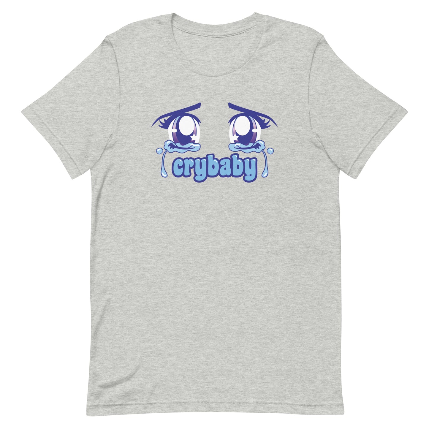 A grey crewneck t-shirt featuring large, sparkling purple anime eyes with tears streaming down. Text underneath the eyes in a rounded blue font reads "crybaby"