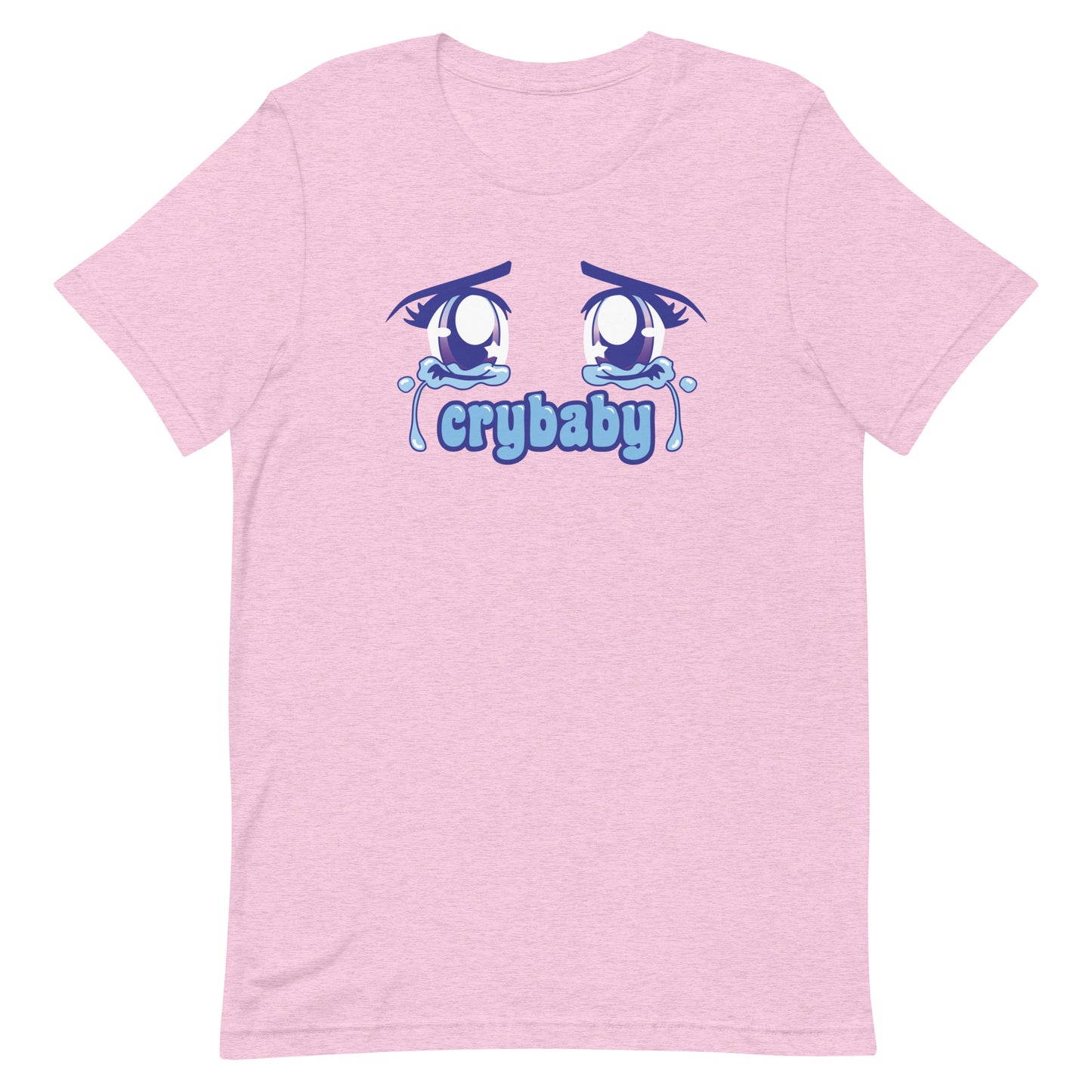 A heathered pink crewneck t-shirt featuring large, sparkling purple anime eyes with tears streaming down. Text underneath the eyes in a rounded blue font reads "crybaby"