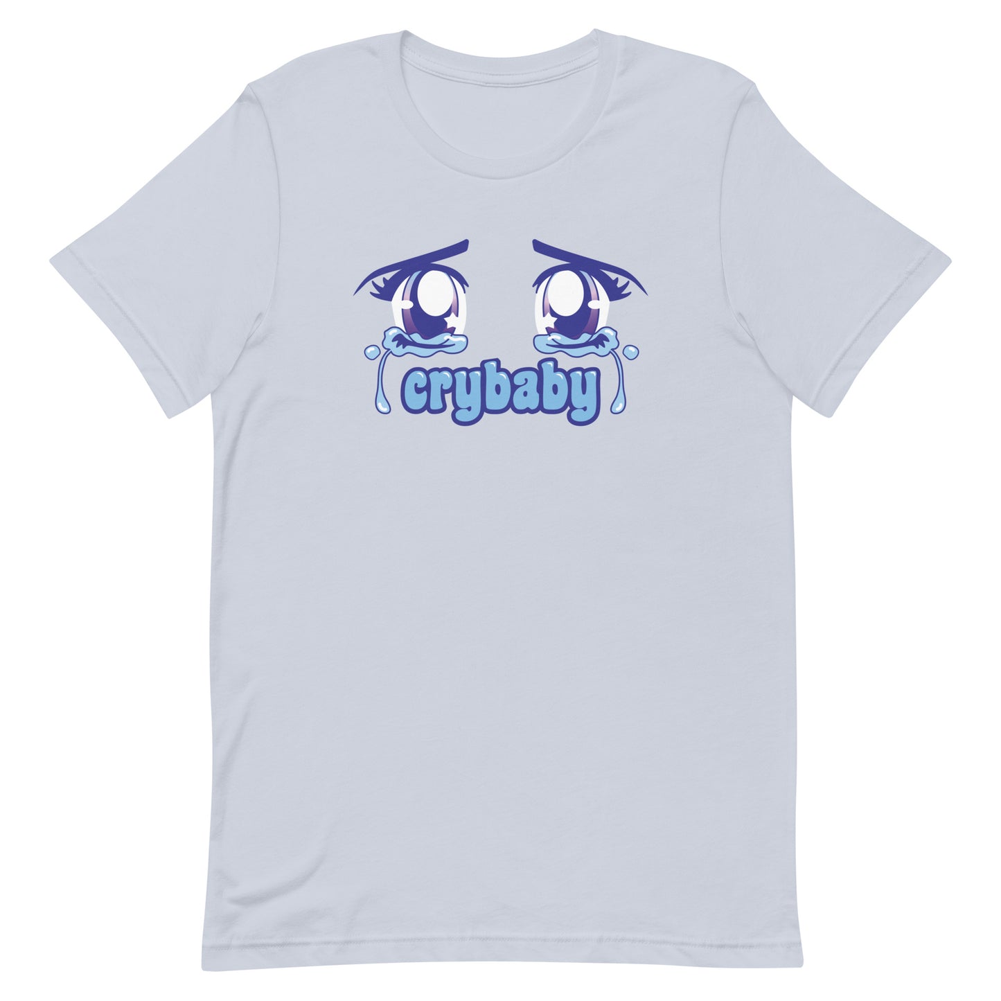 A pale blue crewneck t-shirt featuring large, sparkling purple anime eyes with tears streaming down. Text underneath the eyes in a rounded blue font reads "crybaby"