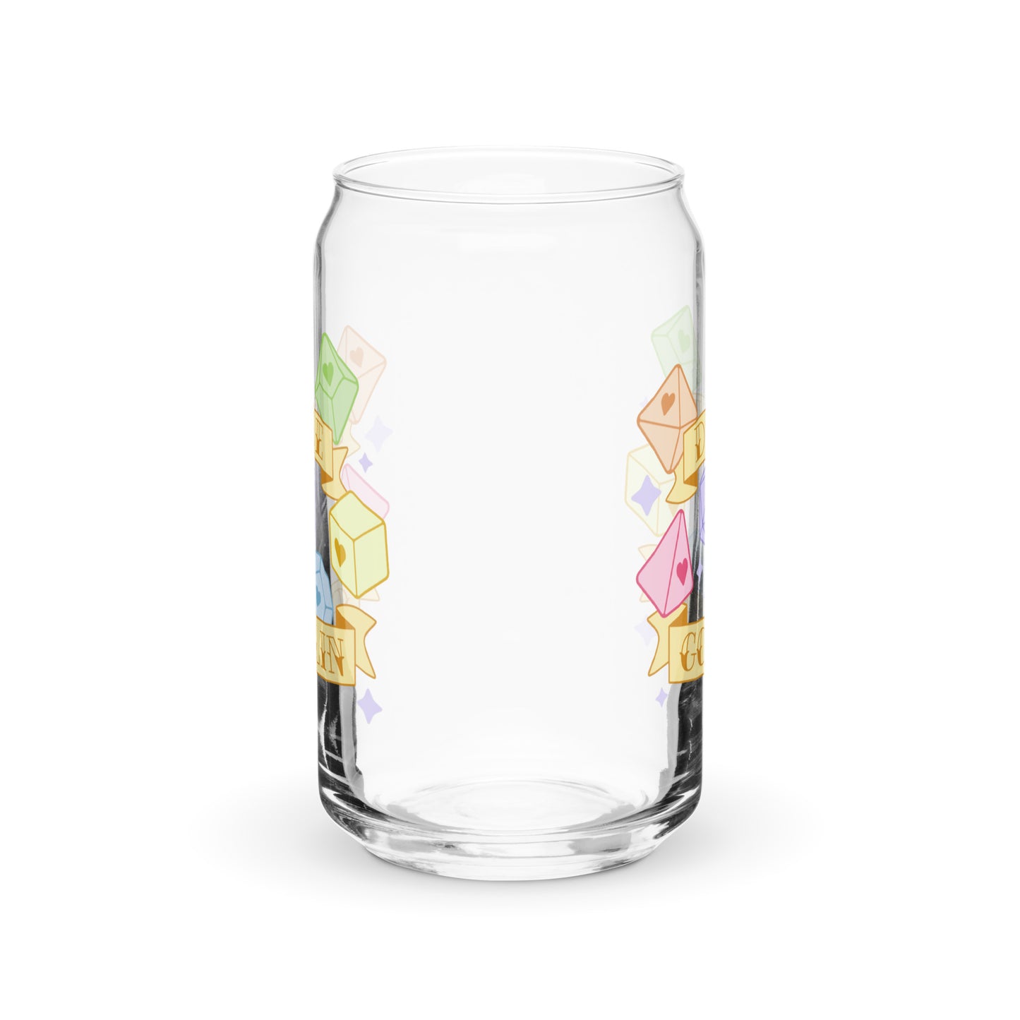 A side view of a can-shaped glass. Part of the glass's design is visible to show that the graphic is printed on two sides of the glass.