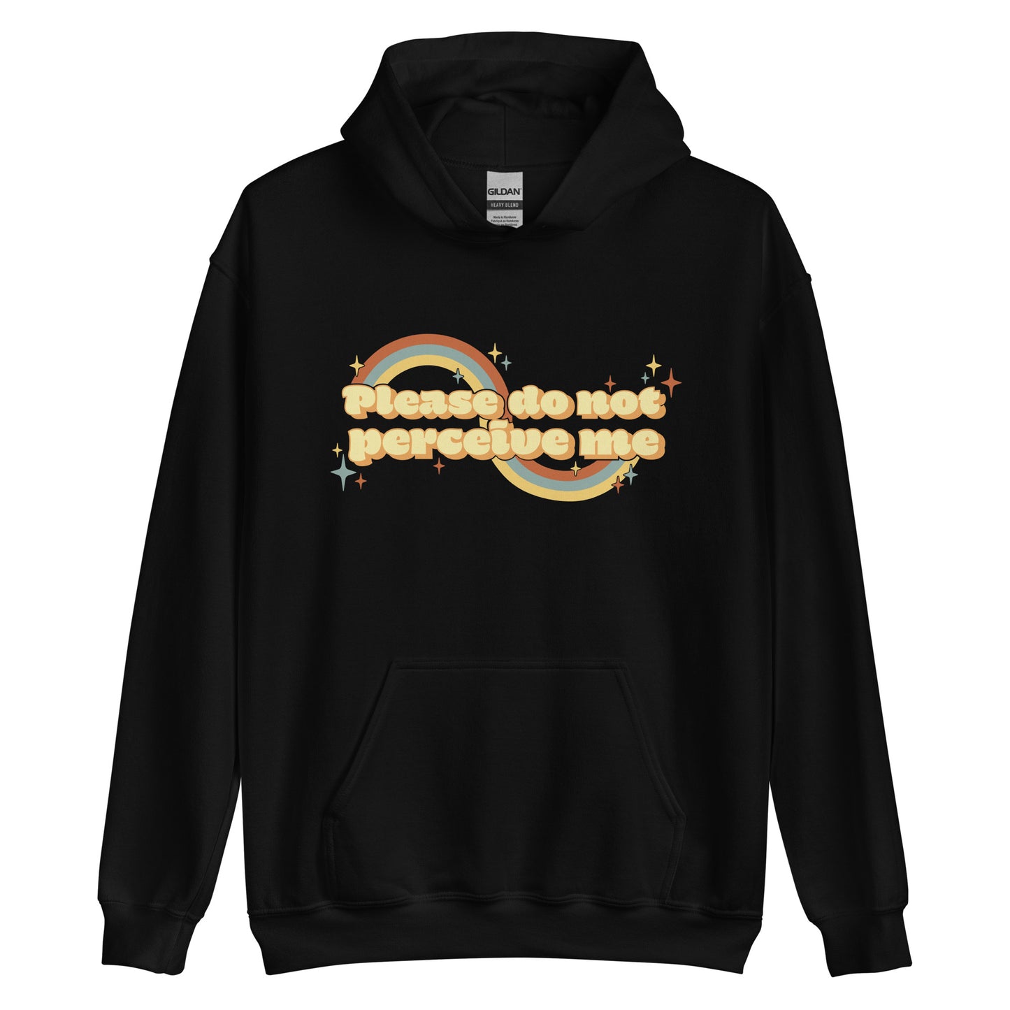 A black hooded sweatshirt featuring vintage-style text that reads "Please do not perceive me". A colorful swirl and sparkles surrounds the text in red, yellow, and blue.