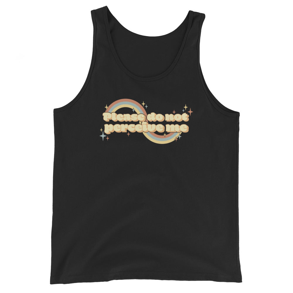 A black tank top featuring vintage-style text that reads "Please do not perceive me". A colorful swirl and sparkles surrounds the text in red, yellow, and blue.