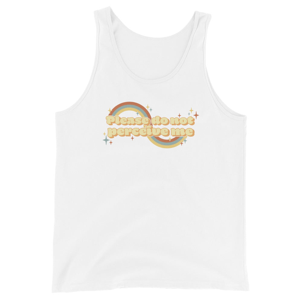 A white tank top featuring vintage-style text that reads "Please do not perceive me". A colorful swirl and sparkles surrounds the text in red, yellow, and blue.