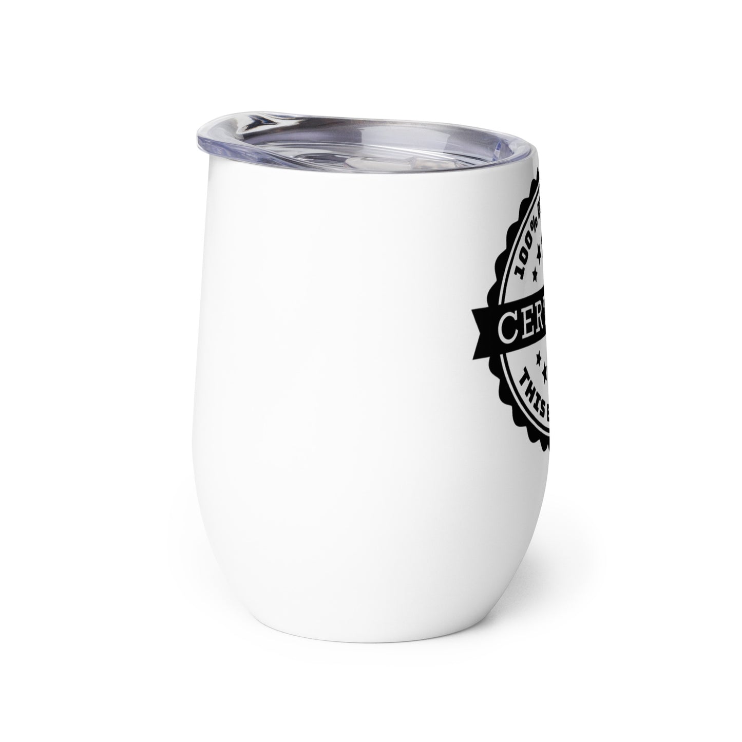 A white wine tumbler with a clear plastic lid. The tumbler is turned to one side so only a part of the graphic on it is visible.