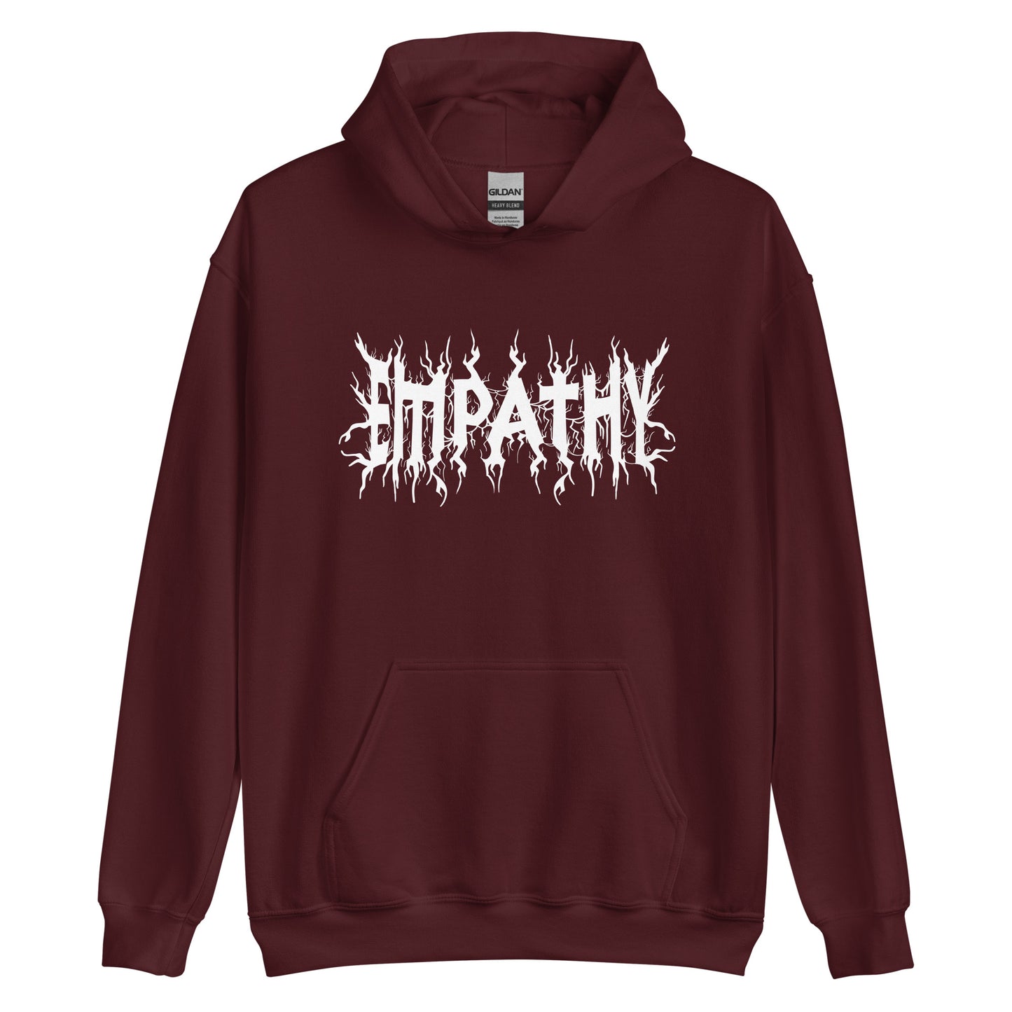 A maroon hooded sweatshirt featuring white text that reads "Empathy" in a jagged font in the style of heavy metal band shirts