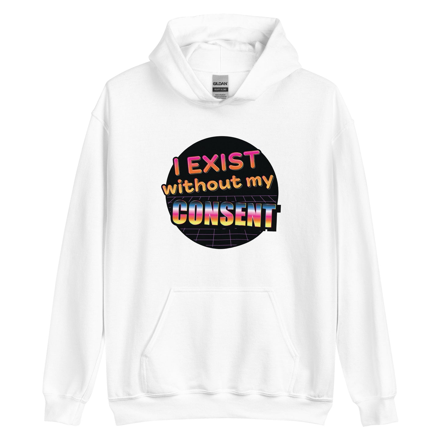 A white hooded sweatshirt featuring a brightly colored 80's style graphic with colorful text that reads "I exist without my consent"