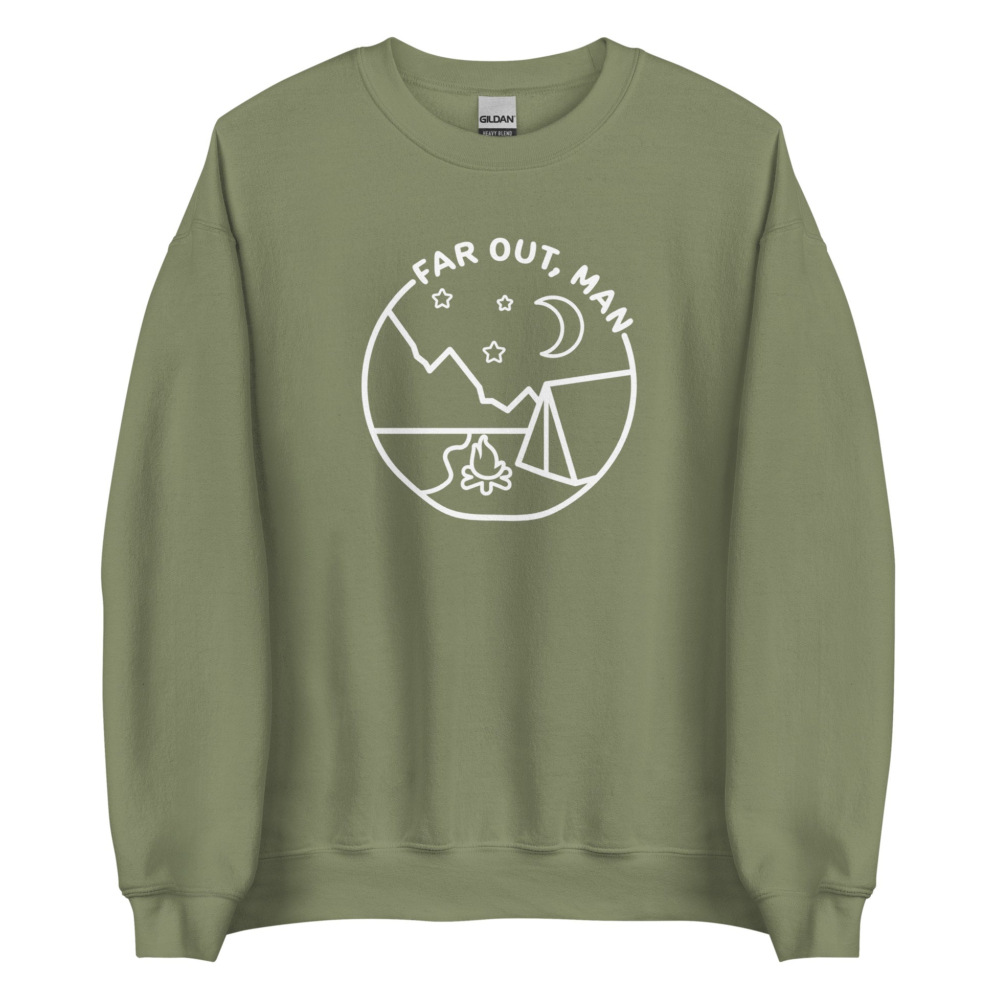 An olive green crewneck sweatshirt featuring a white lineart illustration of a tent and campfire under a night sky. Text in an arc above the illustration reads "Far out, man"