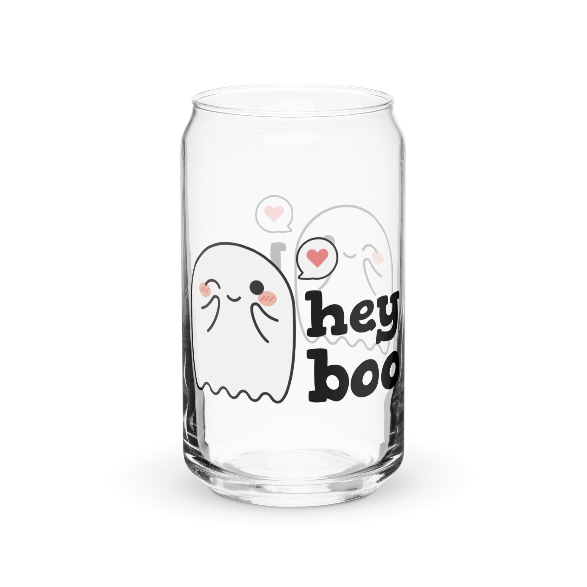 A can-shaped glass featuring an illustration of a blushing, winking ghost. Text alongside the ghost reads "hey boo".