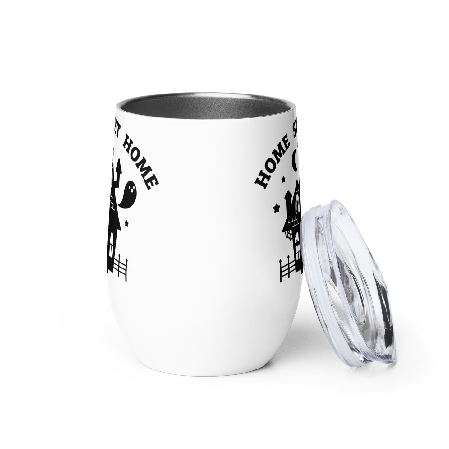 A side view of a white 12 ounce wine tumbler. The tumbler's plastic lid is leaning against it.