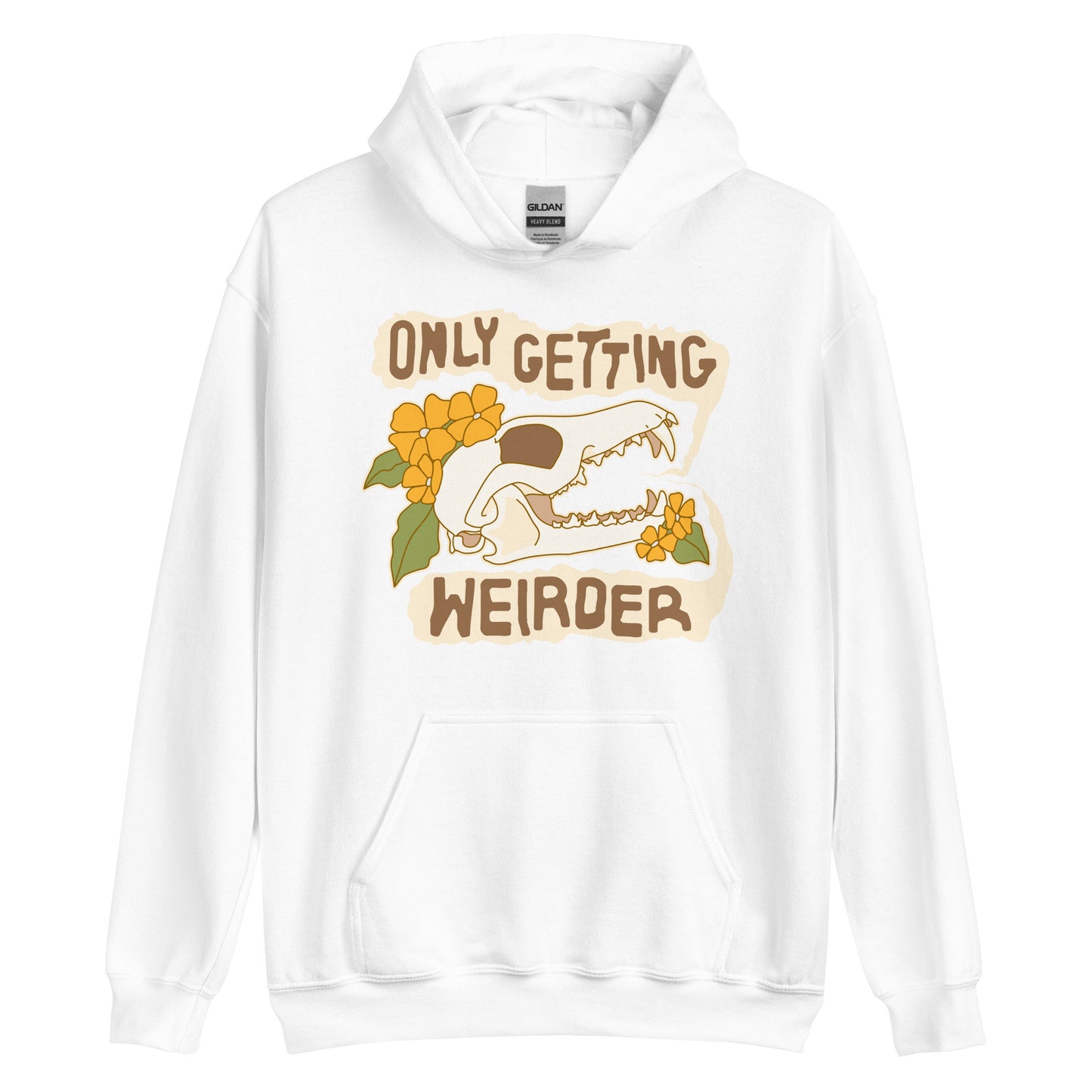 A white hooded sweatshirt featuring an illustration of a fox skull surrounded by yellow flowers. Wobbly speech bubbles are coming from the fox's mouth. The text inside the bubbles reads "ONLY GETTING WEIRDER".