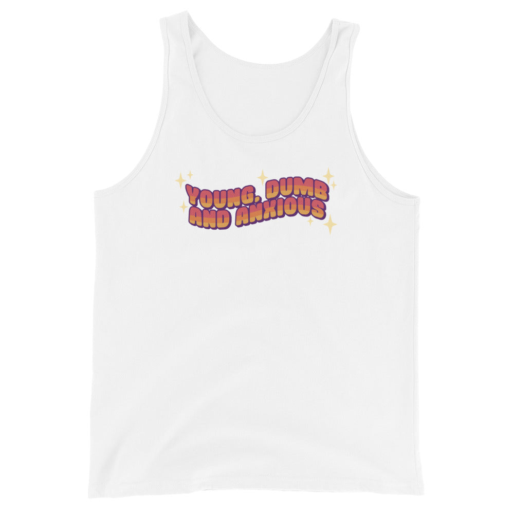 A white tank top featuring text in a pink-to-yellow gradient, surrounded by sparkles. The text reads "Young, dumb and anxious" in a blocky font.