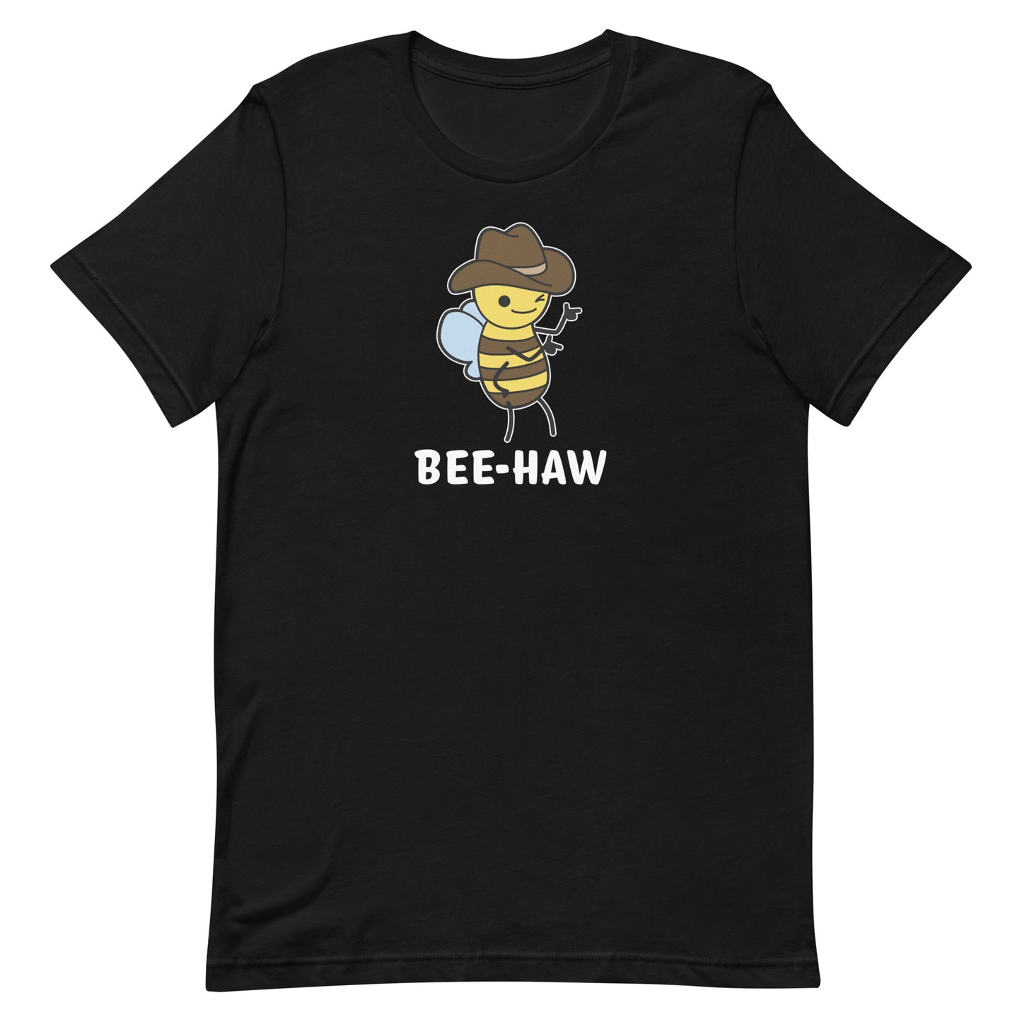 A black crewneck t-shirt with an image of a bee in a cowboy hat. The bee is winking and holding up "finger guns". Underneath the bee is text reading "Bee-Haw"