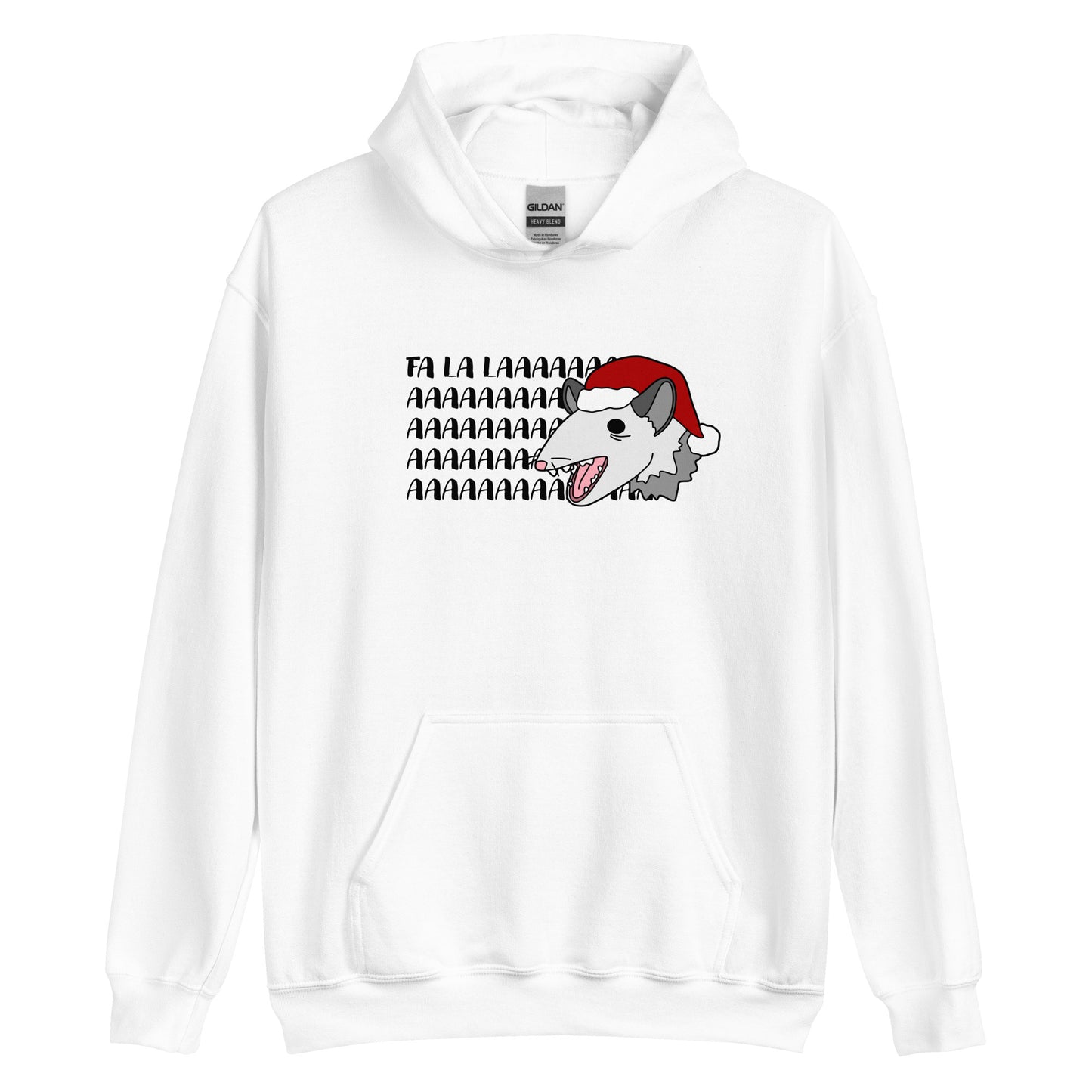 A white hooded sweatshirt featuring an illustration of a possum wearing a Santa hat. The possum appears to be screaming, and text behind his head reads "FA LA LAAAAAA"