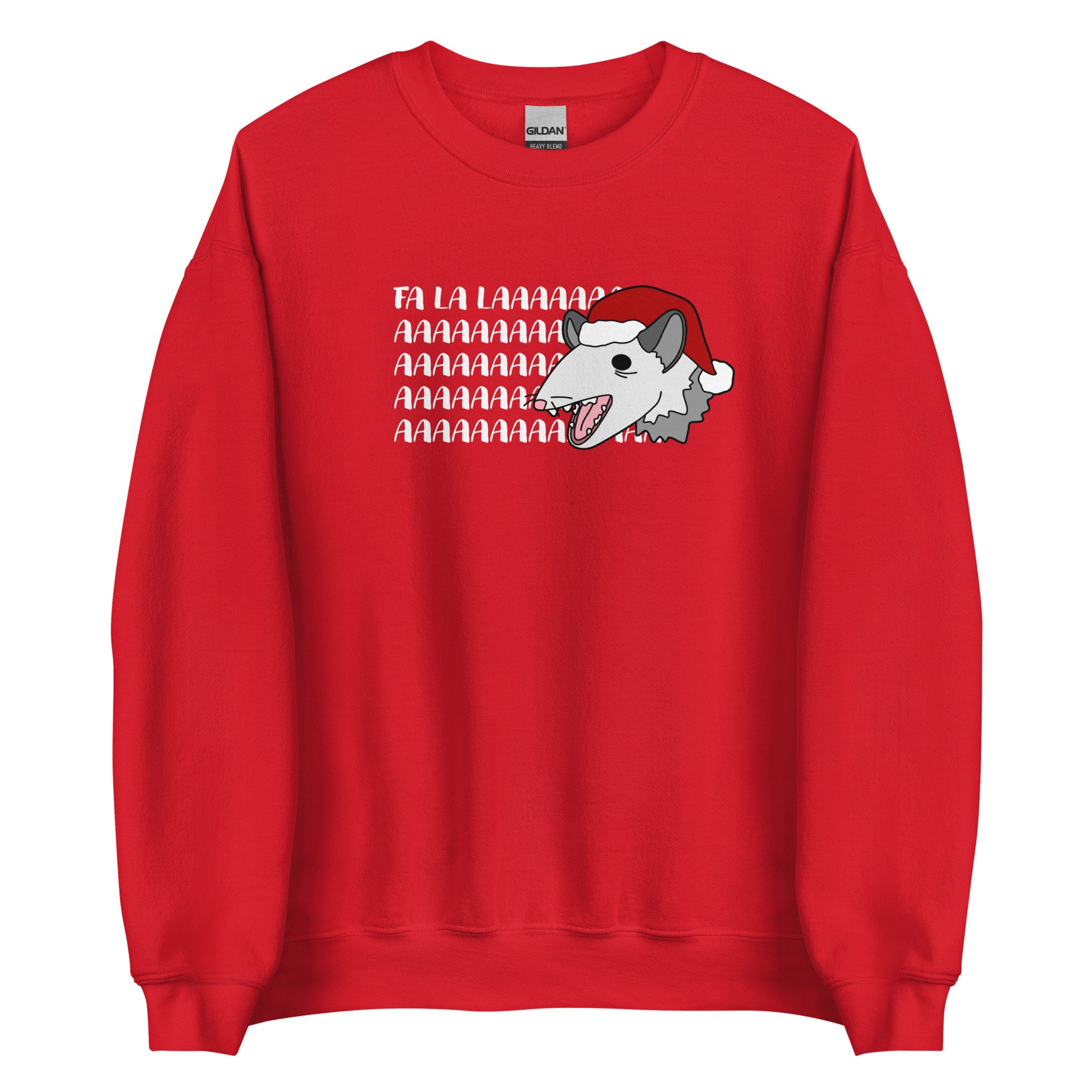 A red crewneck sweatshirt featuring an illustration of a possum wearing a Santa hat. The possum appears to be screaming, and text behind his head reads "FA LA LAAAAAA"