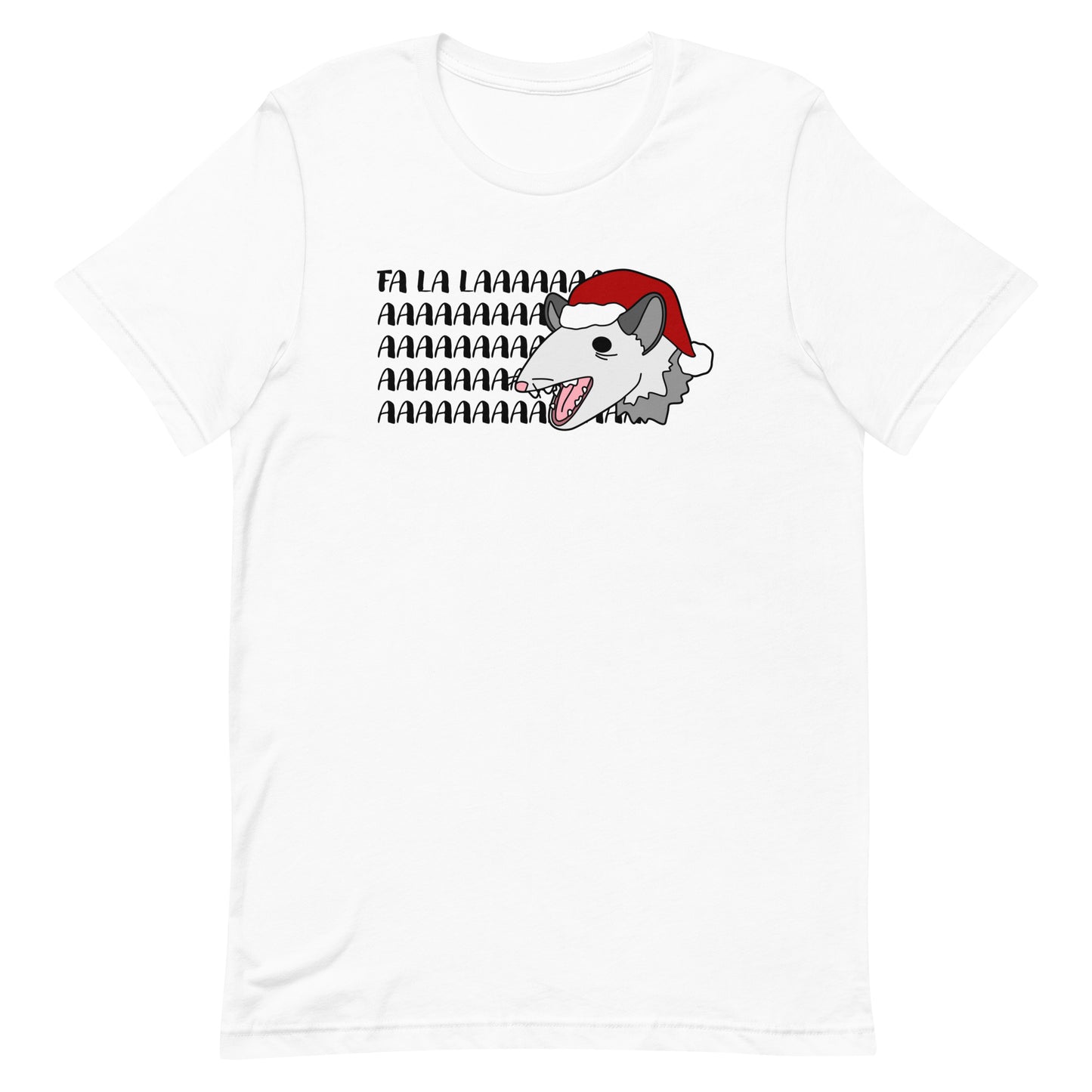 A white crewneck t-shirt featuring an illustration of a possum wearing a Santa hat. The possum appears to be screaming, and text behind his head reads "FA LA LAAAAAA"