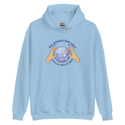 A light blue hoodie with a picture of hands on a crystal ball and text reading "My crystal ball says you're full of shit"