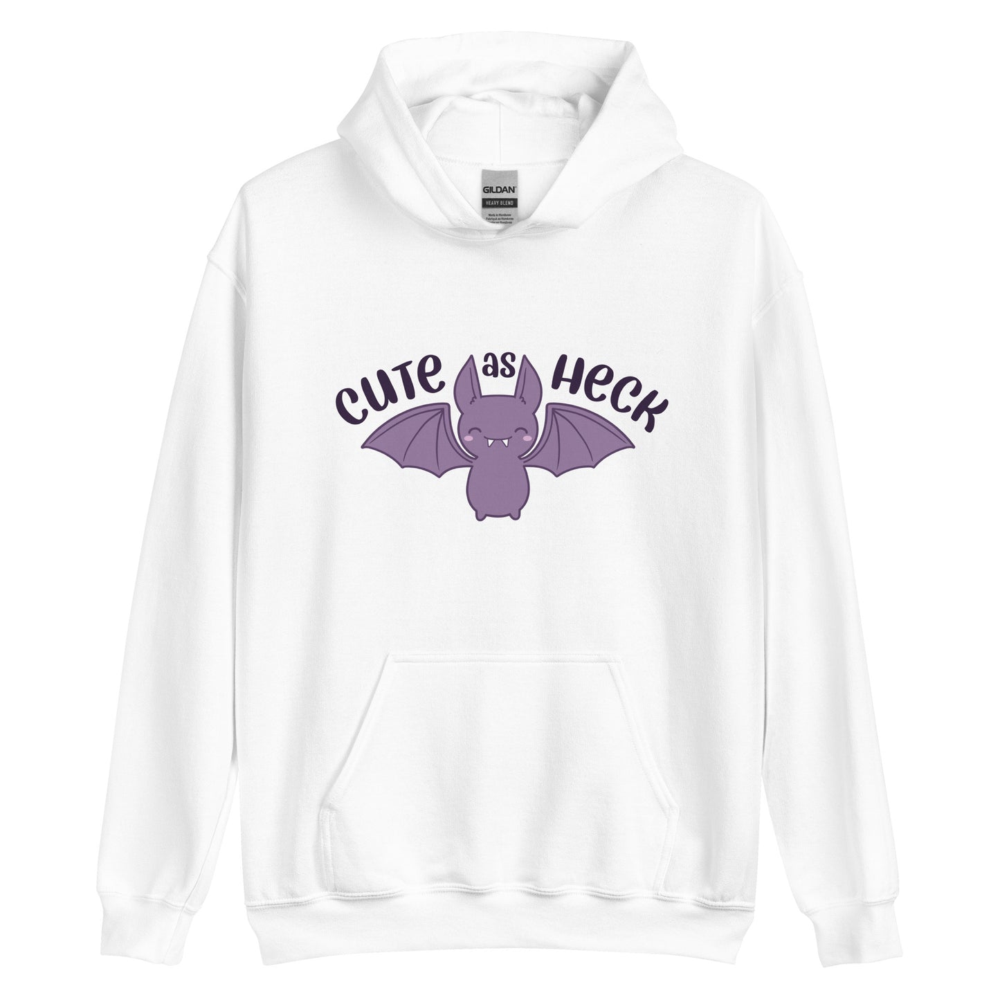 A white hooded sweatshirt featuring an illustration of a cute, smiling purple bat. Text above the bat reads "Cute As Heck"
