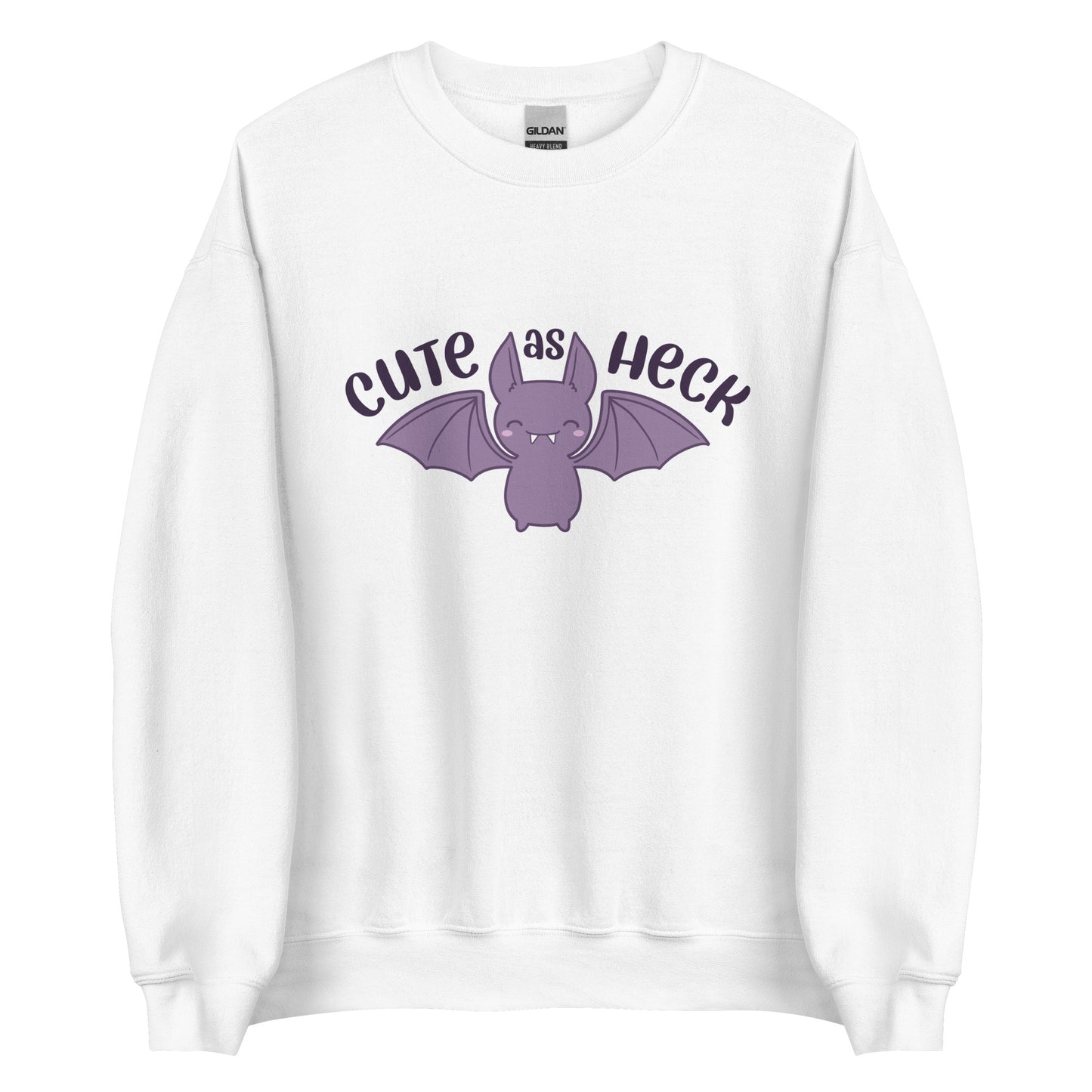 A white crewneck sweatshirt featuring a smiling purple bat and text reading "Cute As Heck"
