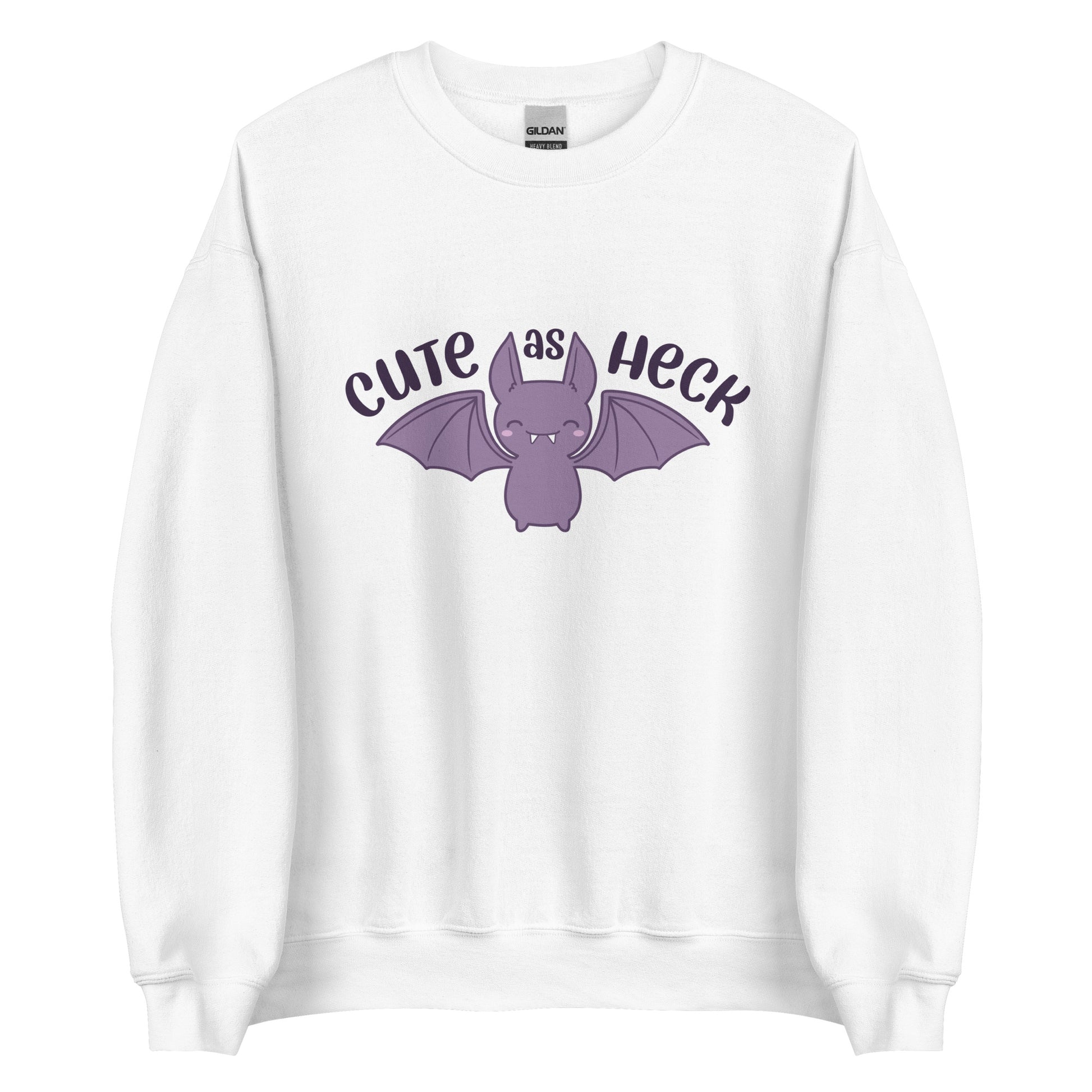 A white crewneck sweatshirt featuring a smiling purple bat and text reading "Cute As Heck"