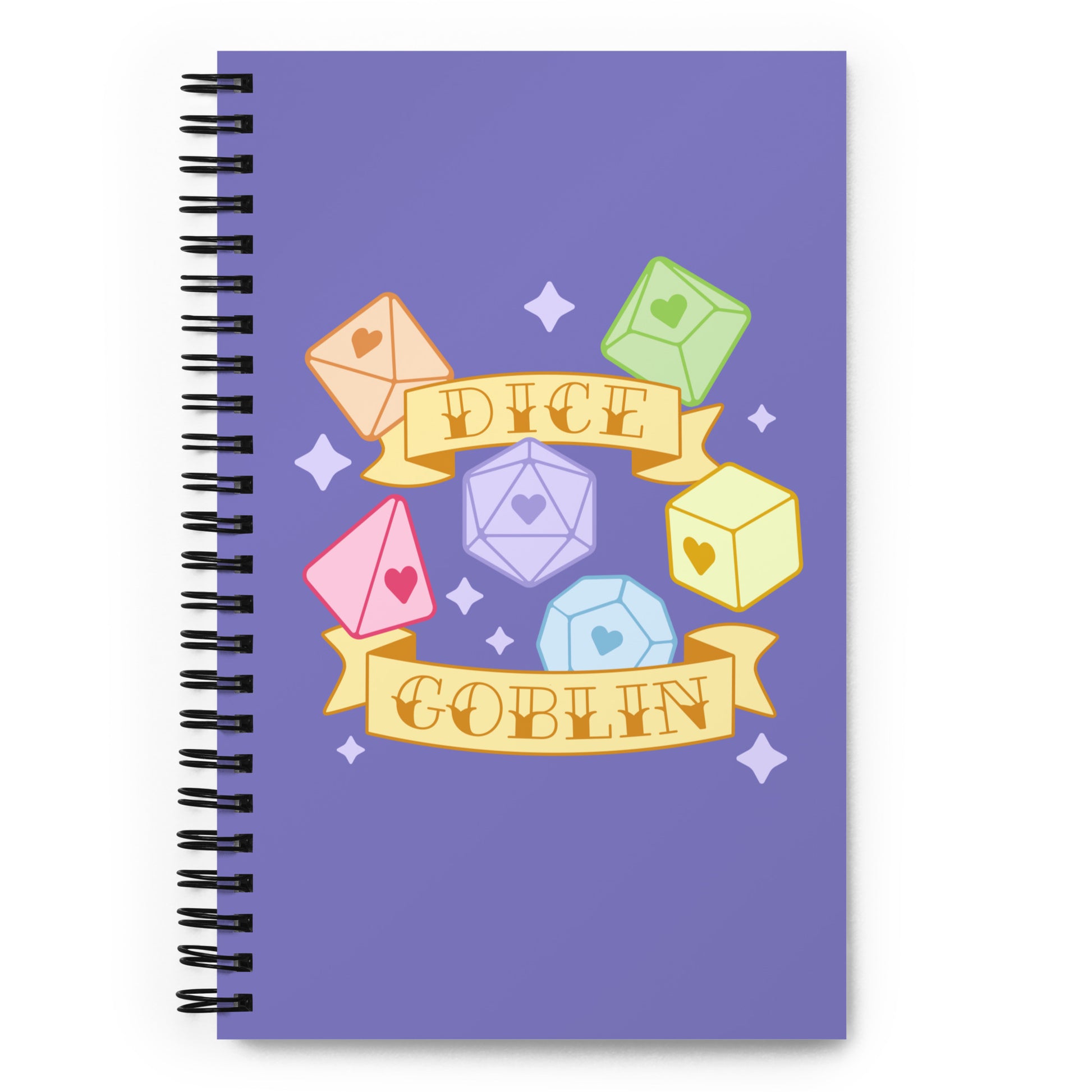 A purple wire-bound notebook featuring an illustration of multiple polyhedral dice surrounded by banners and sparkles. Text on the banner reads "Dice Goblin".