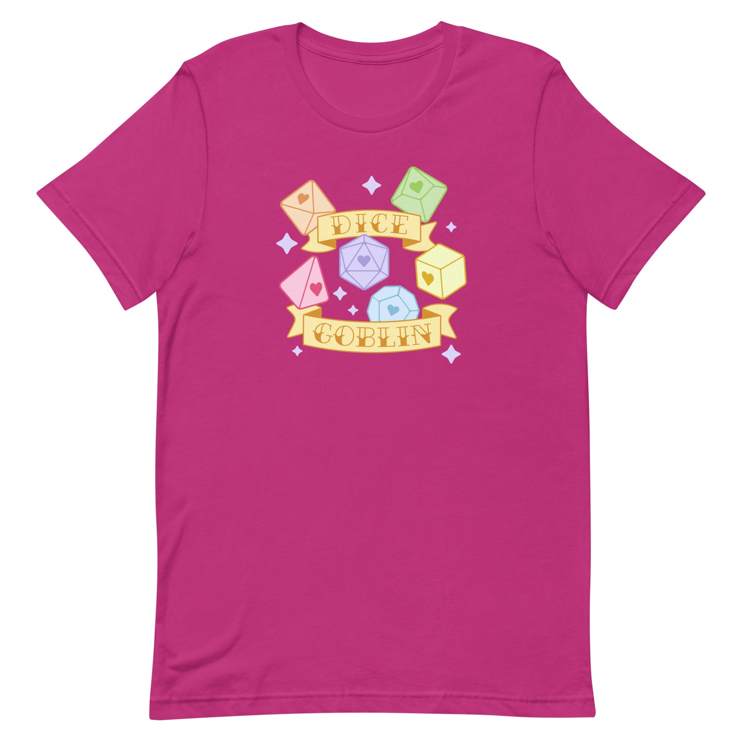 A bright pink t-shirt featuring an image of six polyhedral dice in pastel rainbow colors. Two banners surround the dice. Text on the banners reads "Dice Goblin"