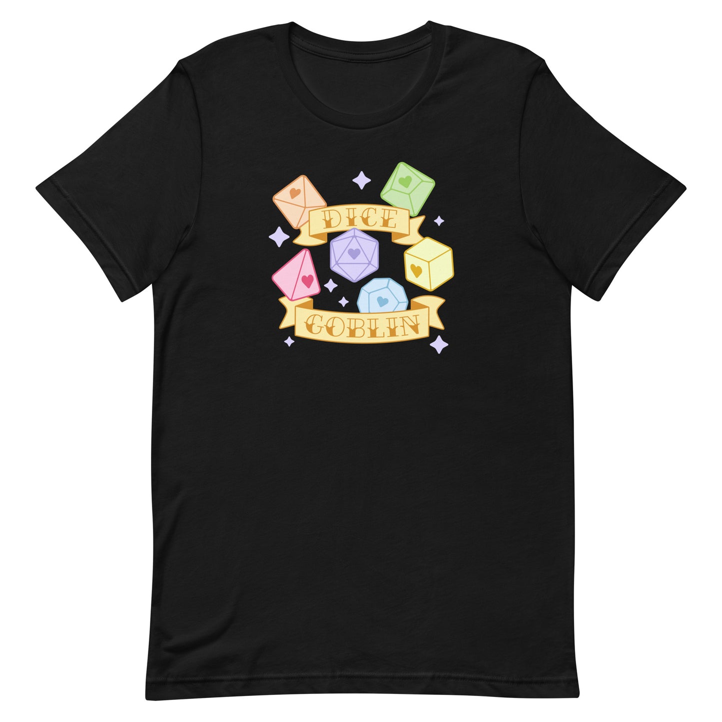 A black t-shirt featuring an image of six polyhedral dice in pastel rainbow colors. Two banners surround the dice. Text on the banners reads "Dice Goblin"