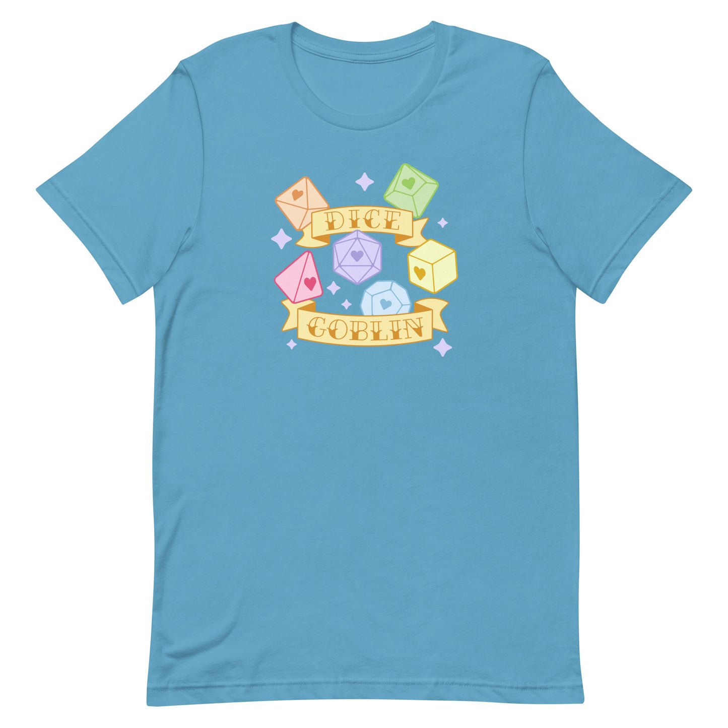 A blue t-shirt featuring an image of six polyhedral dice in pastel rainbow colors. Two banners surround the dice. Text on the banners reads "Dice Goblin"