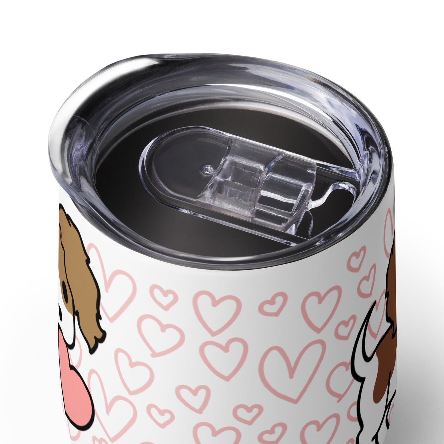 A close-up view of a white metal wine tumbler's plastic lid. A sliding mechanism allows the lid to open and close.