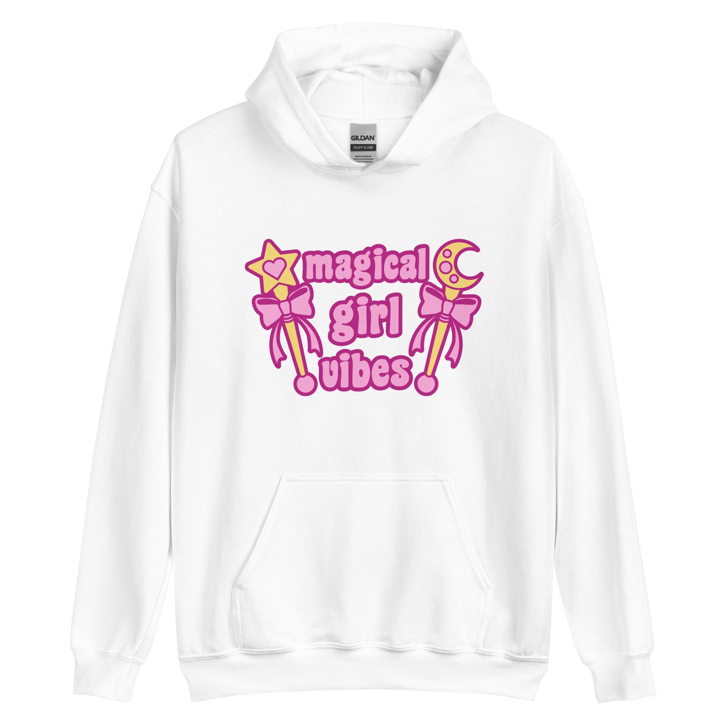 A white hooded sweatshirt featuring two gold wands with pink bows and pink text reading "Magical girl vibes"