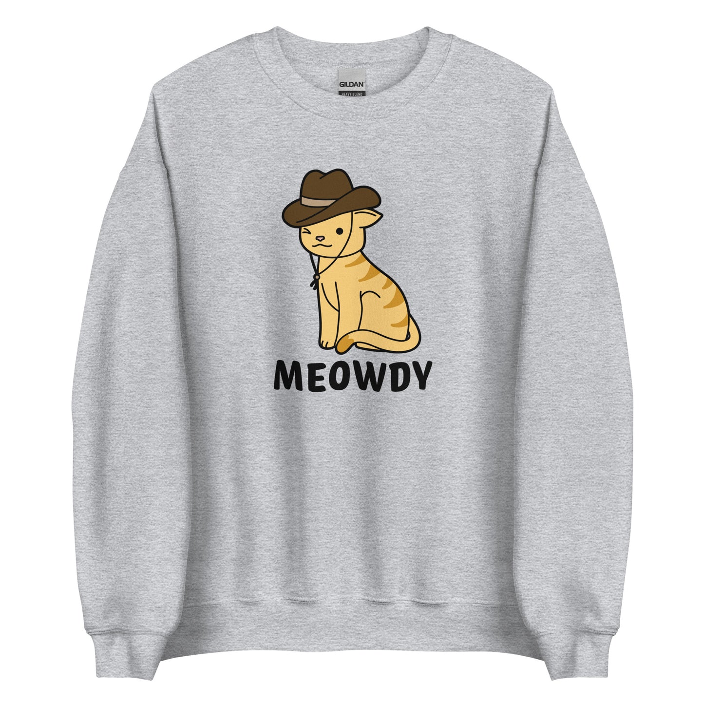 A grey crewneck sweatshirt featuring an illsutration of an orange striped cat. The cat is wearing a cowboy hat and winking. Text beneath him reads "Meowdy".
