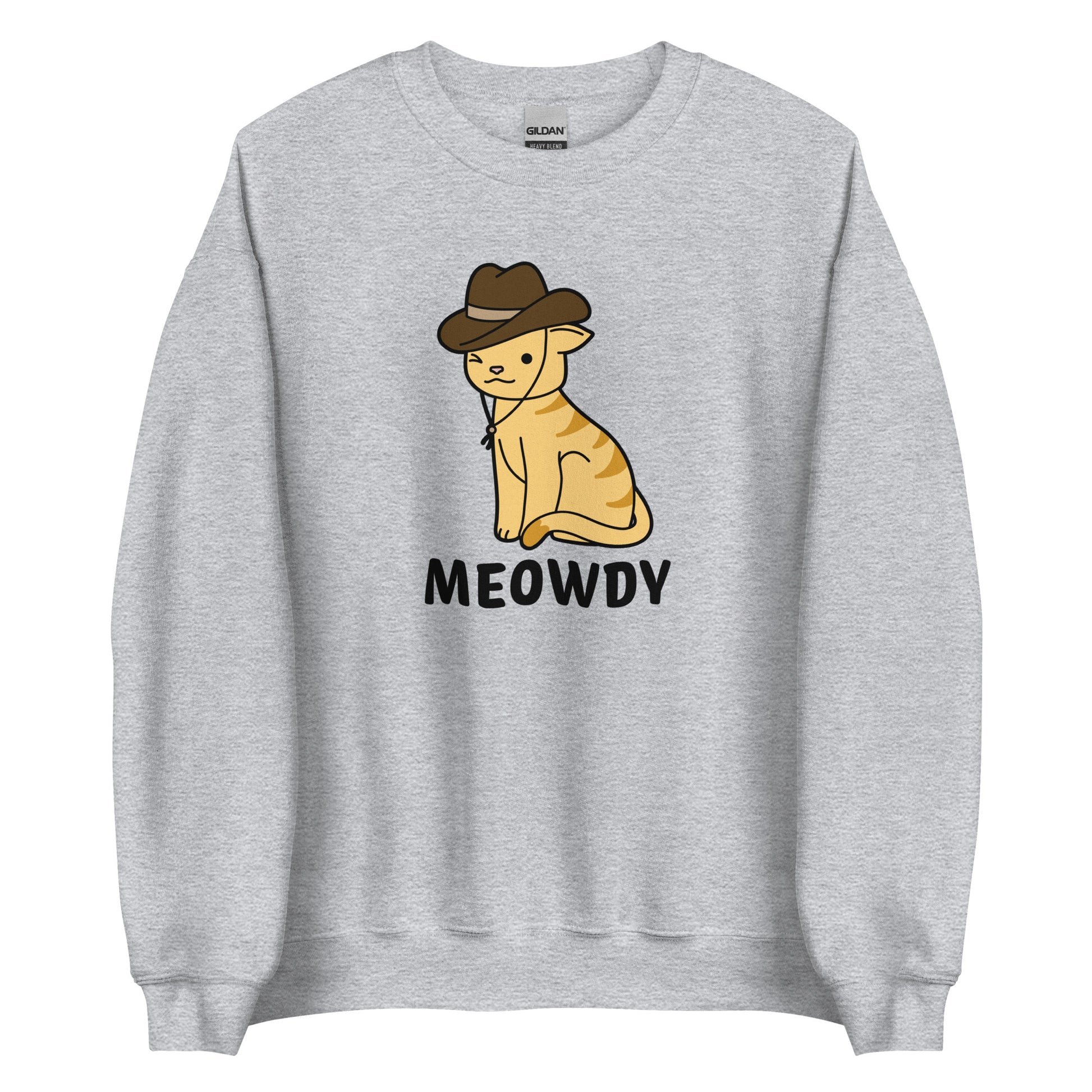 A grey crewneck sweatshirt featuring an illsutration of an orange striped cat. The cat is wearing a cowboy hat and winking. Text beneath him reads "Meowdy".