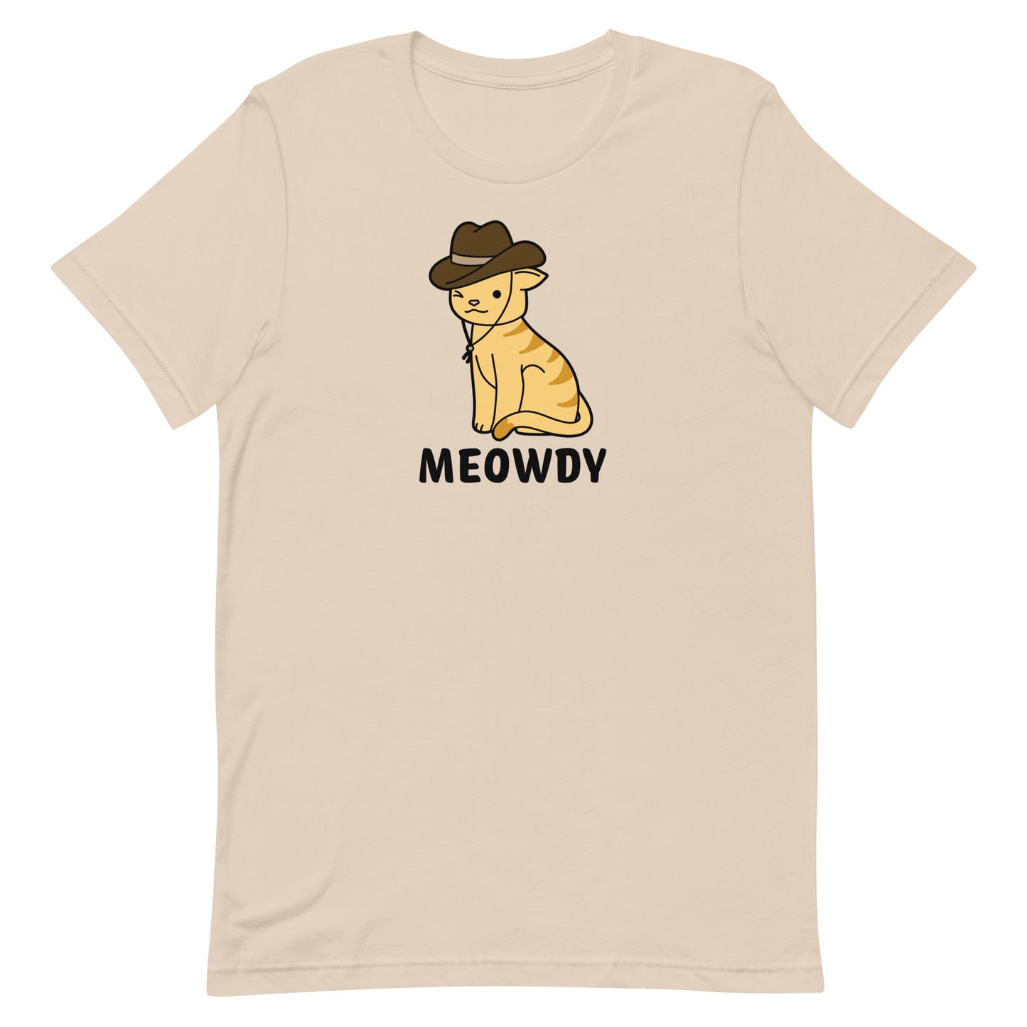 A beige crewneck t-shirt featuring an illustration of an orange striped cat. The cat is winking at the viewer and wearing a cowboy hat. Text beneath him reads "Meowdy".