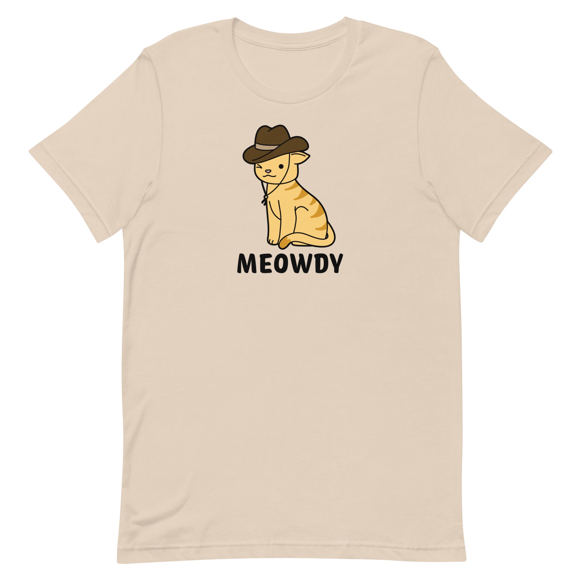 A beige crewneck t-shirt featuring an illustration of an orange striped cat. The cat is winking at the viewer and wearing a cowboy hat. Text beneath him reads "Meowdy".