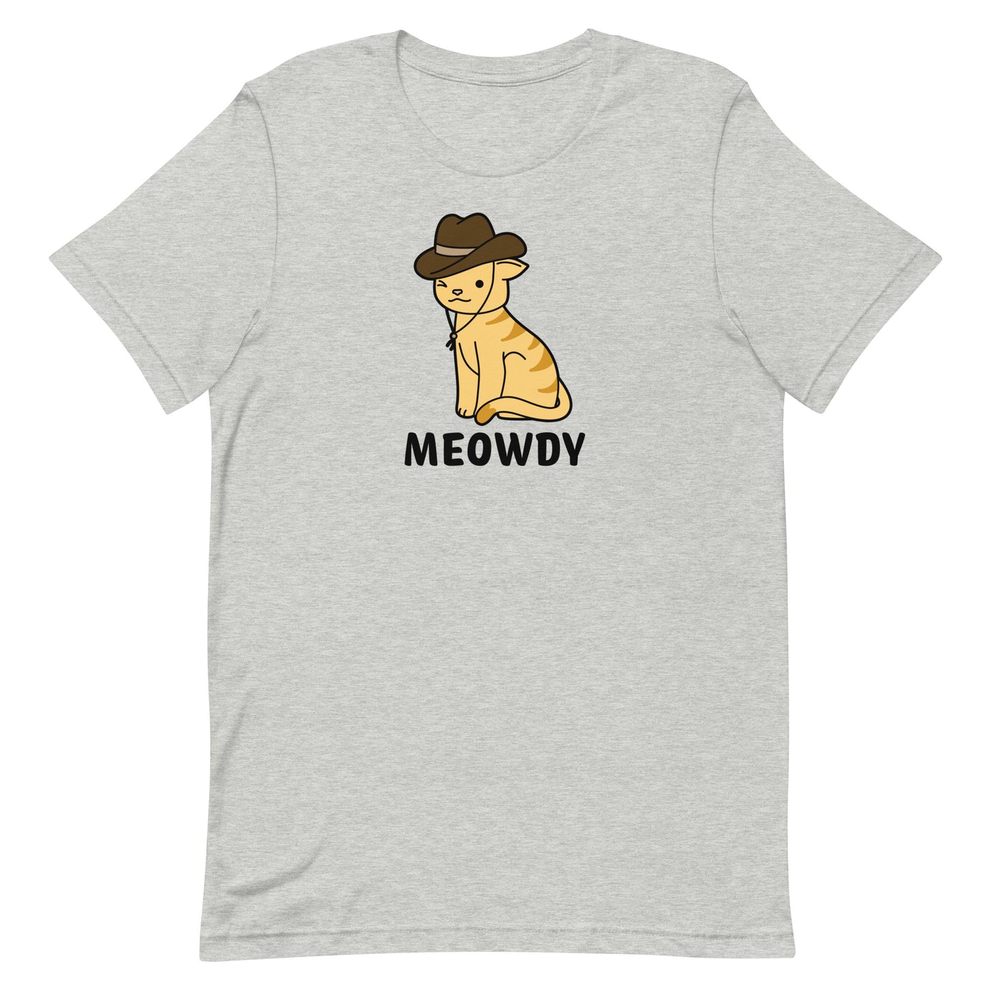 A heather grey crewneck t-shirt featuring an illustration of an orange striped cat. The cat is winking at the viewer and wearing a cowboy hat. Text beneath him reads "Meowdy".