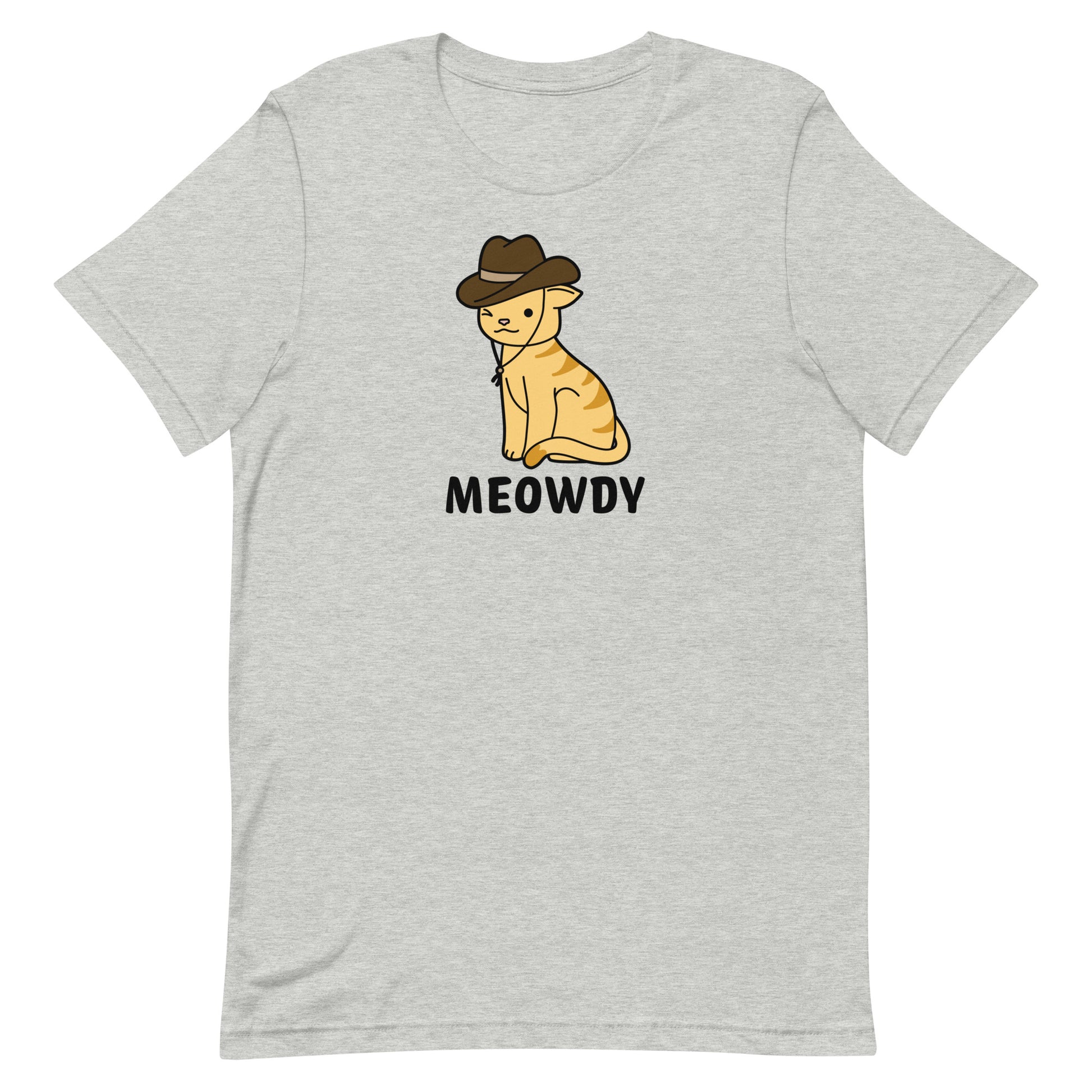 A heather grey crewneck t-shirt featuring an illustration of an orange striped cat. The cat is winking at the viewer and wearing a cowboy hat. Text beneath him reads "Meowdy".