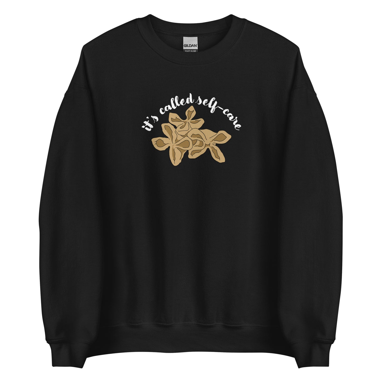 A black crewneck sweatshirt featuring an illustration of three pieces of crab rangoon. Text in an arc above the crab rangoon reads "it's called self-care" in a cursive script.