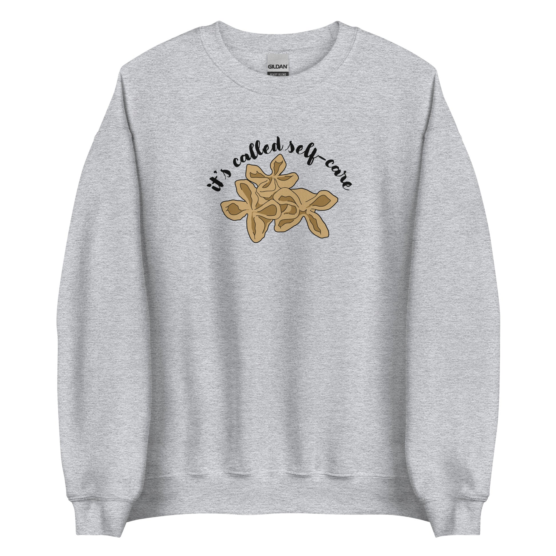 A gray crewneck sweatshirt featuring an illustration of three pieces of crab rangoon. Text in an arc above the crab rangoon reads "it's called self-care" in a cursive script.