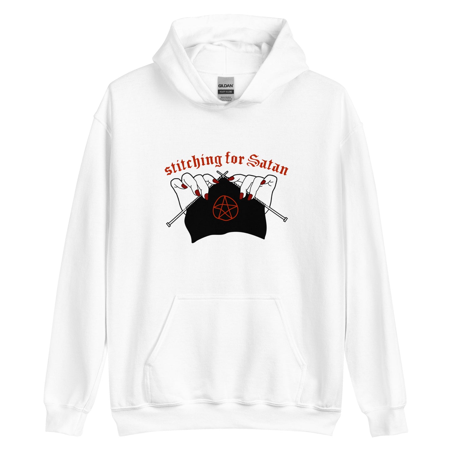 A white hooded sweatshirt featuring an illustration of pale white hands with red fingernails holding knitting needles. Fabric on the needles features a red pentagram. Text above the hands reads "stitching for Satan" in a gothc red font.