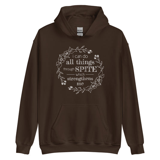 A dark brown hooded sweatshirt featuring an illustration of a floral wreath. Text inside the flowers reads "i can do all things through SPITE which strengthens me"