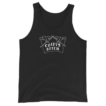 A black tank top featuring a single-color illustration of a pair of hands holding knitting needles. Fabric on the needles features text that reads "crafty bitch".
