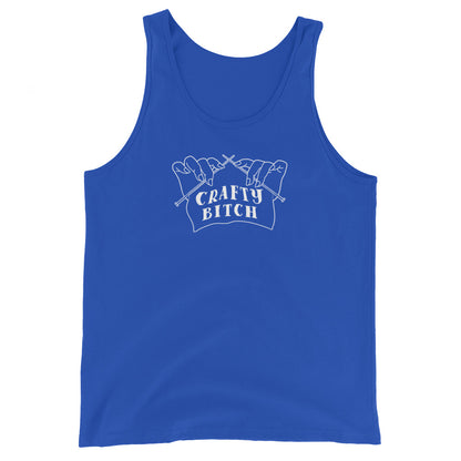 A blue tank top featuring a single-color illustration of a pair of hands holding knitting needles. Fabric on the needles features text that reads "crafty bitch".