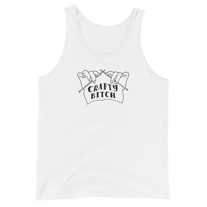 A white tank top featuring a single-color illustration of a pair of hands holding knitting needles. Fabric on the needles features text that reads "crafty bitch".