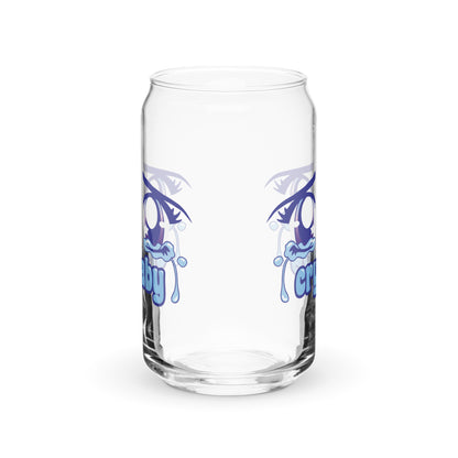 A 16 ounce can-shaped glass turned to one side to show that its graphic is printed on both the front and back.