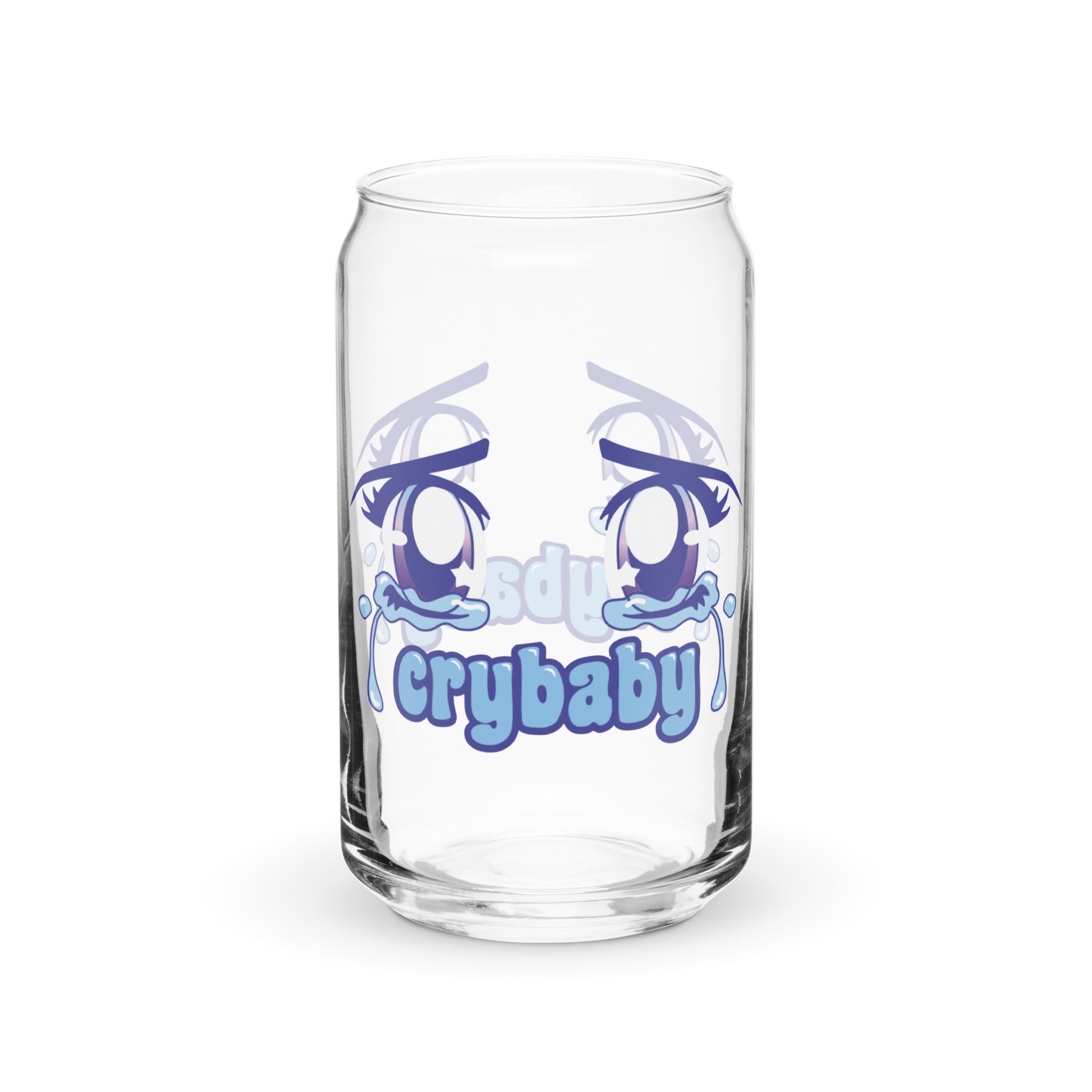 A 16 ounce can-shaped glass featuring an illustration of large, sparkling purple anime eyes with tears streaming down. Text underneath the eyes reads "Crybaby" in a rounded blue font.